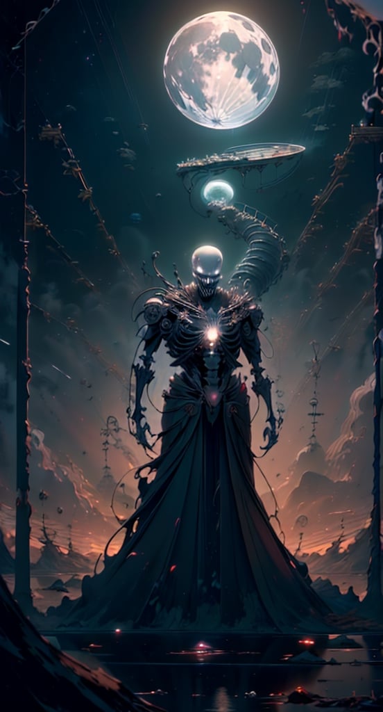 (masterpiece, best quality, high resolution: 1.3), ultra resolution image, (1 man), skeleton, (alone), no hair, black eyes, creepy charm, glow, supernatural energy, white suit, undead knight , moonlit paradise, (mystical tranquility:1.3), realm of death, mixture of chaos,fantasy00d,r1ge