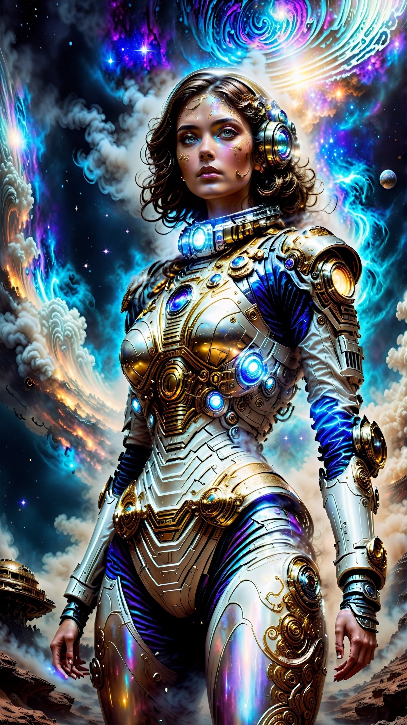A stunning, 4K masterpiece depicts an astronaut clad in ornate, steam-powered armor, standing at the edge of a distant planet's atmosphere. The steam punk-inspired suit is adorned with intricate details, contrasting with the ethereal, hauntingly beautiful view of the cosmos. Vivid colors and moody shadows dance across the scene, as starlight fog swirls around her majestic face. A retro-futuristic technology-laden environment, filled with smoke and fog effects, creates a timeless sense of adventure and mystery. The isolated heroine's pose exudes an air of exalted exploration, set against the dramatic contrast of distant planets.