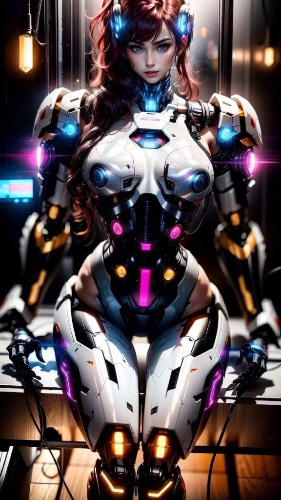 1girl, beautiful face, pale skin, black_hair, medium hair, smiling face, holding a plug with cable, robotic body, full body, sitting, wires, robotic legs, robotics arms, robotic body, robotic hands, cyberpunik, futiristic, robotic, mechanical, armored, standing, expressionless face, damaged robotic body, black_robotic_body, alone, (plug and wires), straight leg, busty breast, mecha, bodycon, Mecha, huowu, red hair, sparkling eyes, evil smile, Hyperrealism, cinematic lighting, glowing light, sparkle, Sony FE GM, masterpiece, ccurate, anatomically correct, textured skin, super detail, high quality, award winning, highres, 4K, 8k, 16k,z1l4