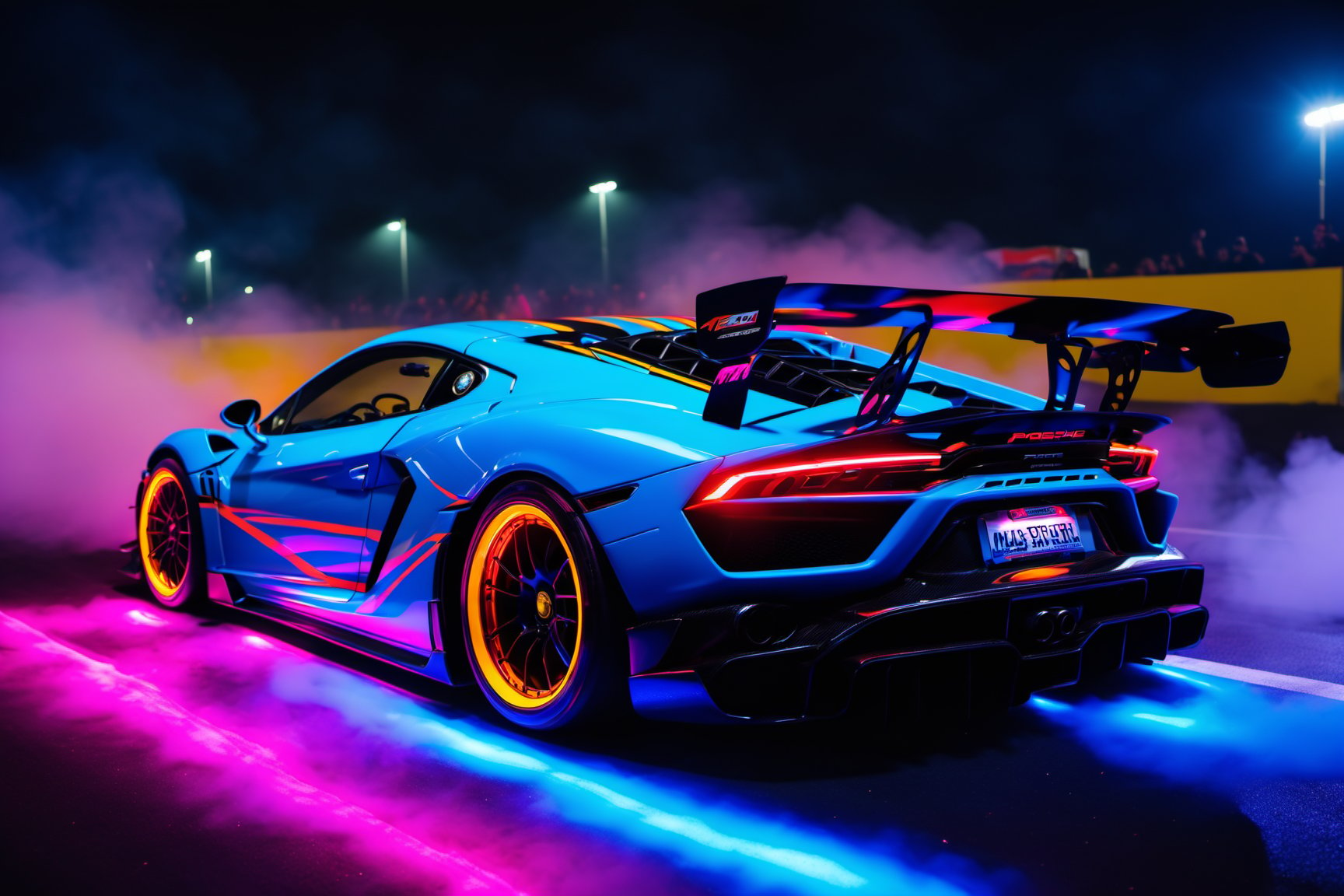  (masterpiece, best quality, ultra-detailed, 8K), race car, street racing-inspired,Drifting inspired, LED, ((Twin headlights)), (((Bright neon color racing stripes))), (Black racing wheels), Wheelspin showing motion, Show car in motion, Burnout,  wide body kit, modified car,  racing livery, masterpiece, best quality, realistic, ultra highres, (((depth of field))), (full dual colour neon lights:1.2), (hard dual color lighting:1.4), (detailed background), (masterpiece:1.2), (ultra detailed), (best quality), intricate, comprehensive cinematic, magical photography, (gradients), glossy, Night with galaxy sky, Fast action style, fire out of tail pipes, Sideways drifting in to a turn, Neon galaxy metalic paint with race stripes, GTR Nismo, NSX, Porsche, Lamborghini, Ferrari, Bugatti, Ariel Atom, BMW, Audi, Mazda, Toyota supra, Lamborghini Aventador,  aesthetic,intricate, realistic,cinematic lighting, Neon Paint, streaks of fire,c_car,more detail XL