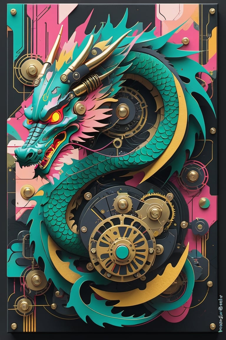 4k acrylic abstract electro dragon mechanism art on canvas with brush textures depicting mid century shapes with textured layered details, trending on artstation, skull_graphics,vaporwave style,cyberpunk style,dragon-themed,  dragon: 1.3,dragonyear 