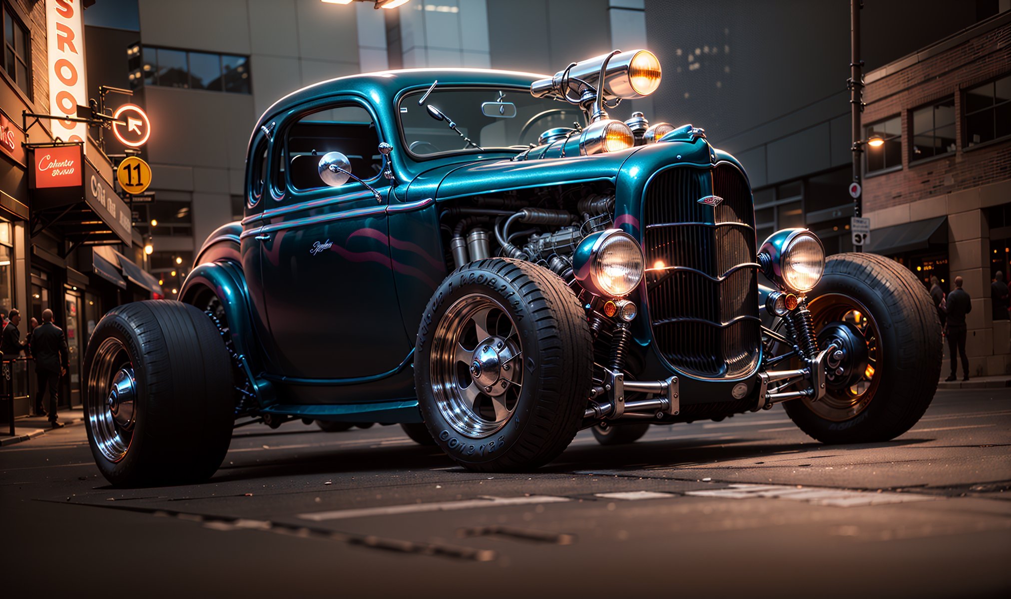 a 1934 Ford hotrod lowered with custom wheels. Editorial photoshoot downtown at night. cinematic lighting
