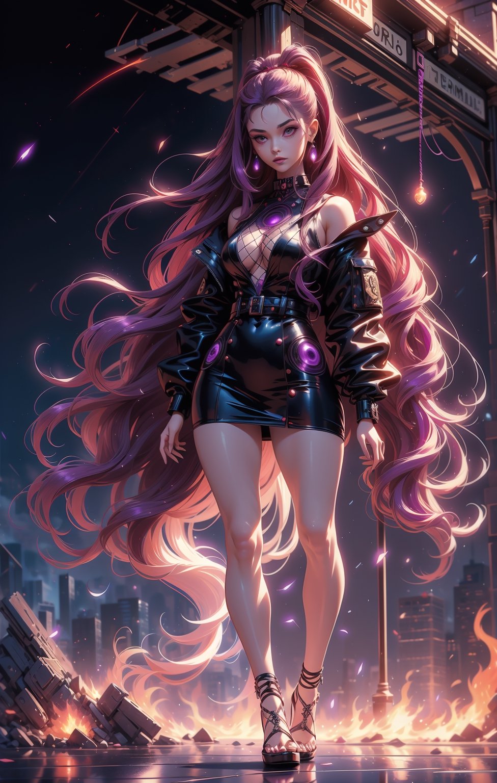 (marvel style), 1girl, purple eyes, (full_body:1.4), (Scarlet Witch costume),  long wavy hair, pigtails, serious face, masterpiece, (red-back-purple theme), ultra detailed, (detailed destructed background), cinemtatic lighting, magical circles,1 girl,DonMC3l3st14l3xpl0r3rsXL,1 girl,ghibli style, (elemental, fire, electric, thunder, lightning):1.15,Cyberpunk,fantasy00d