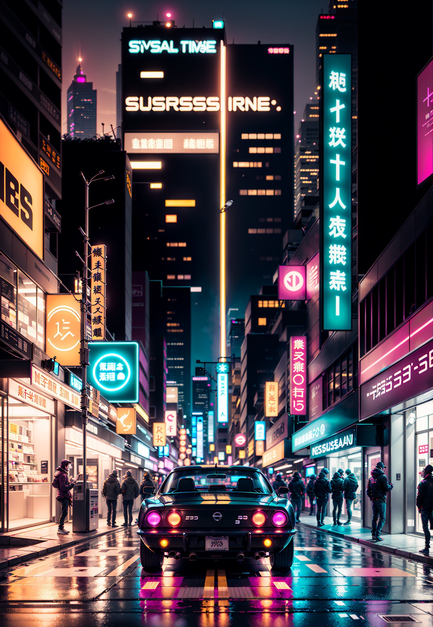 retrowave。City, 1969 Nissan S30, wide body kit, pathway, PURPLE NEON MONITOR LIGHT, sunont,The Car。cyber punk perssonage,City,road