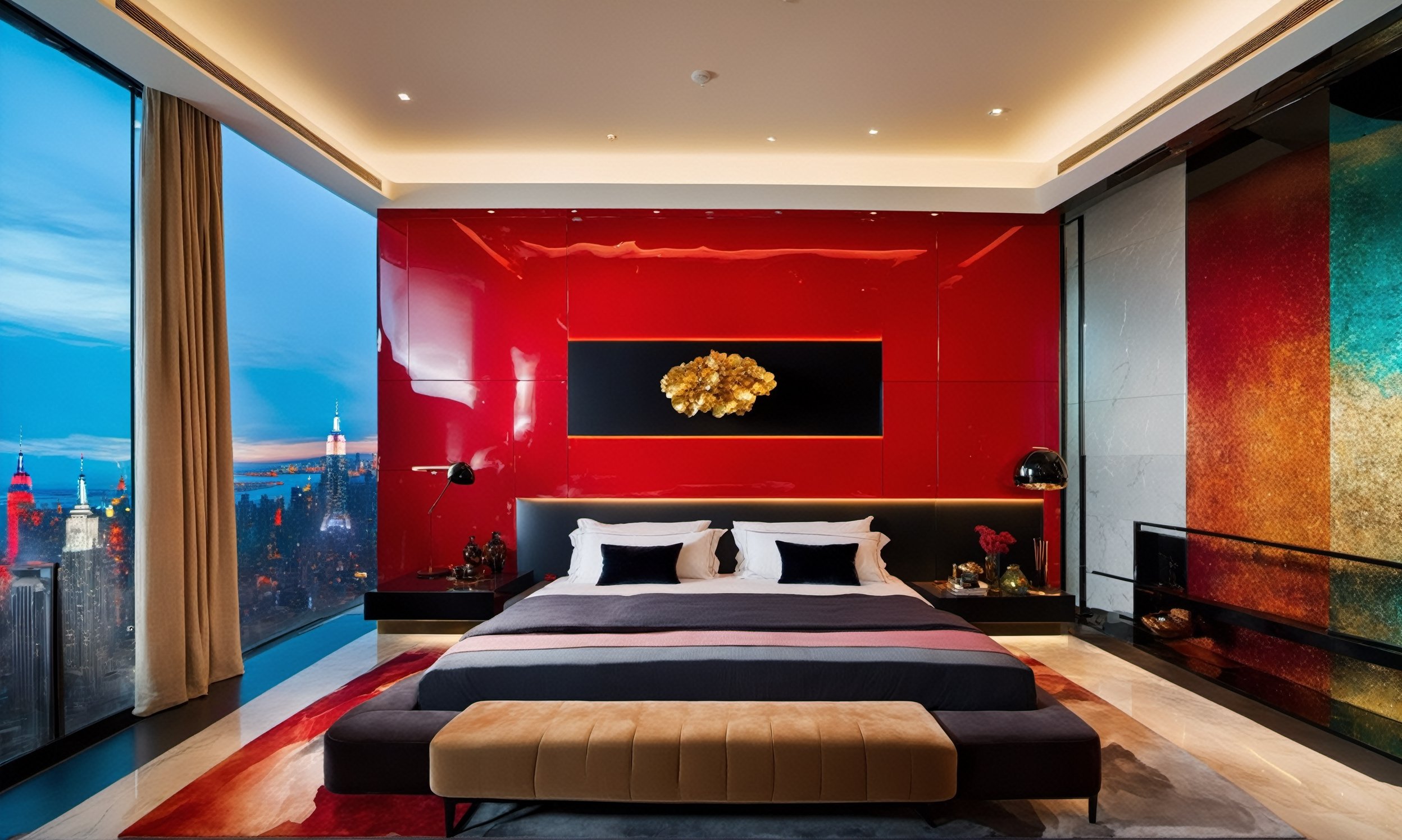A wide-angle shot captures the masculine high tech and modern and classy fung shui vibe of the bedroom with colors of black red silver gold and glass, there is a large bed with black and red beding, a projector casts a image that covers a hole wall that is displaying a colorful vibrant clear image of a nature seane, there is another wall that is windows with a view of New York city, every color and form in the room has equal balance, the room has a uniformed square checkerboard patern marble floor that is the central focal point amidst the tall walls and soaring ceiling. The camera gazes upon the square space, with a  larger back wall and shorter side walls that are even and have no doors, the room is about new beginnings and possibilities.,Modern,cinematic_warm_color