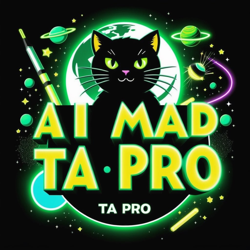 Text that reads "AI Mad Cat TA PRO" in yellow, black,metallic,white, green, neon, sparkles,smoke,planet
