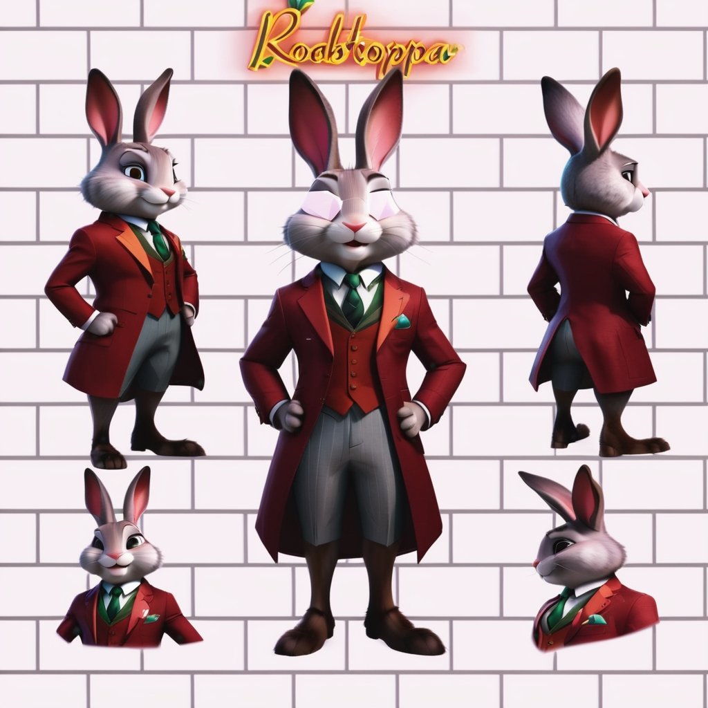 a close up of a cartoon rabbit in a suit and tie, rabbt_character, anthropomorphic rabbit, official character art, style of zootopia, roger rabbit, bunny suit, in style of zootopia, cute anthropomorphic bunny, zootopia movie style, 3 d character reference sheet, rabbit_bunny, zootopia stile, official character illustration