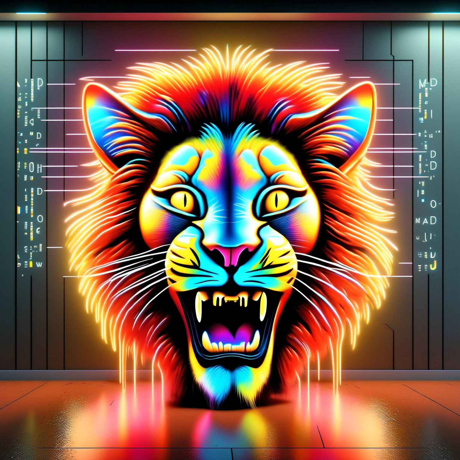 (((text "Mad Cat"))),#D Neon bright colors red orange and yellow of a MAD CAT Lion face eyes squinted moth open showing teeth, Neon multy colored matrix code falling from the top in the background, intelligence concepts HD wallpaper,DonMH010D15pl4yXL ,