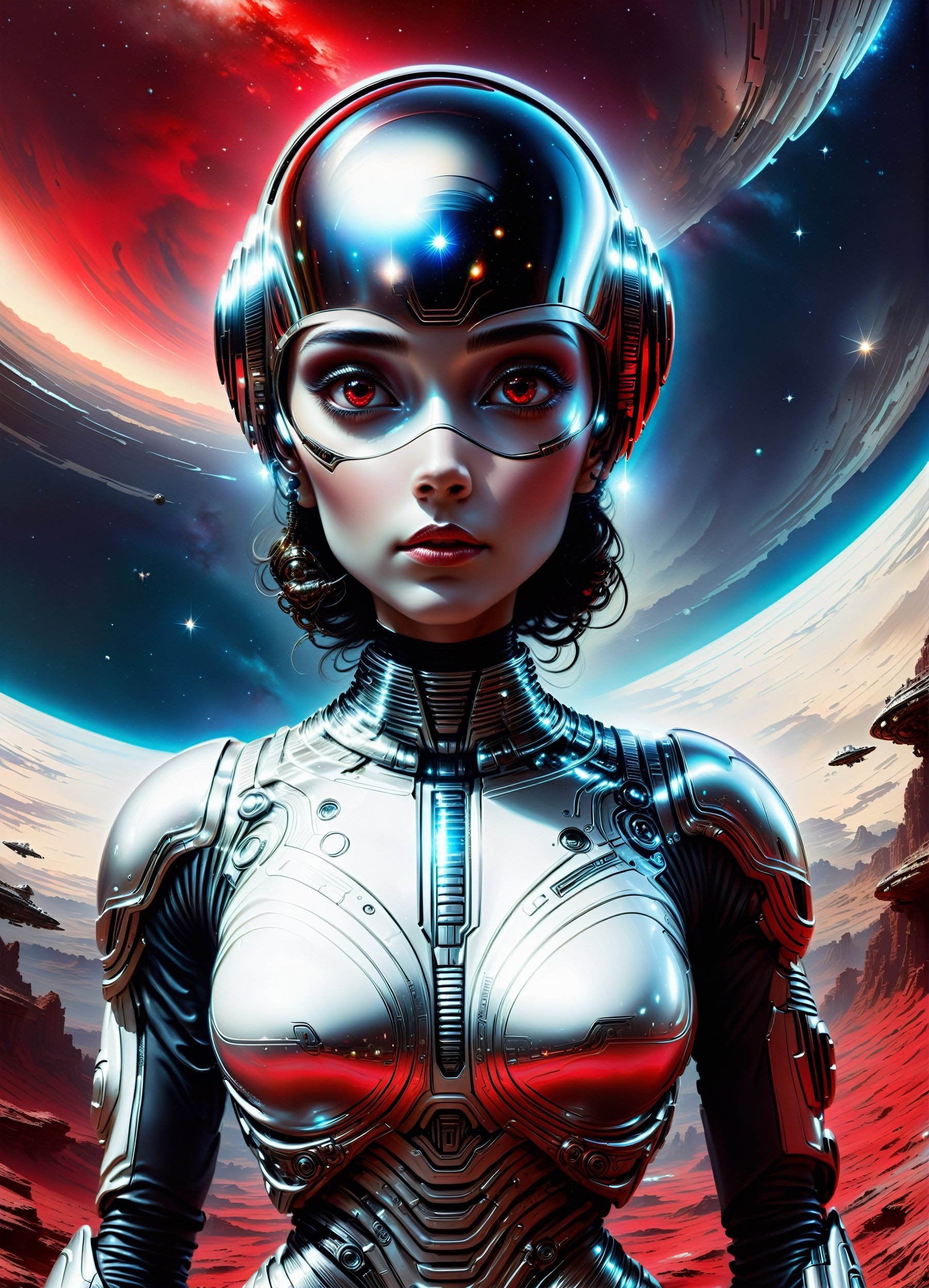 A futuristic femme fatale donning a sleek white jumpsuit, her piercing gaze locked on the horizon, as a red and black spaceship soars into the crimson-hued sky. In front of her, a metallic backdrop glimmers with silver and red hues, while in the distance, a megastructure's towering presence dominates the landscape. The AI astronaut's skeletal visage peers out from beneath her helmet, her cybernetic eyes gleaming like polished chrome. With Frank Frazetta's bold brushstrokes and Sakimichan's intricate details, this portrait of an android beauty shines like a star in the vast expanse.,chrometech,Tech