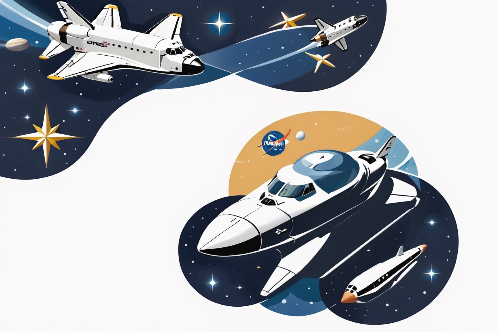There  an image of a space shuttle with a star in the background, vintage space station logo, big train in space, retro science fiction spaceship, small retro starship in the sky, ornate spaceship painting, space graphic art in the background, far away spaceship in the background, spaceship in space, the Milky Way Express,  spaceship in background, WHITE BACKGROUND