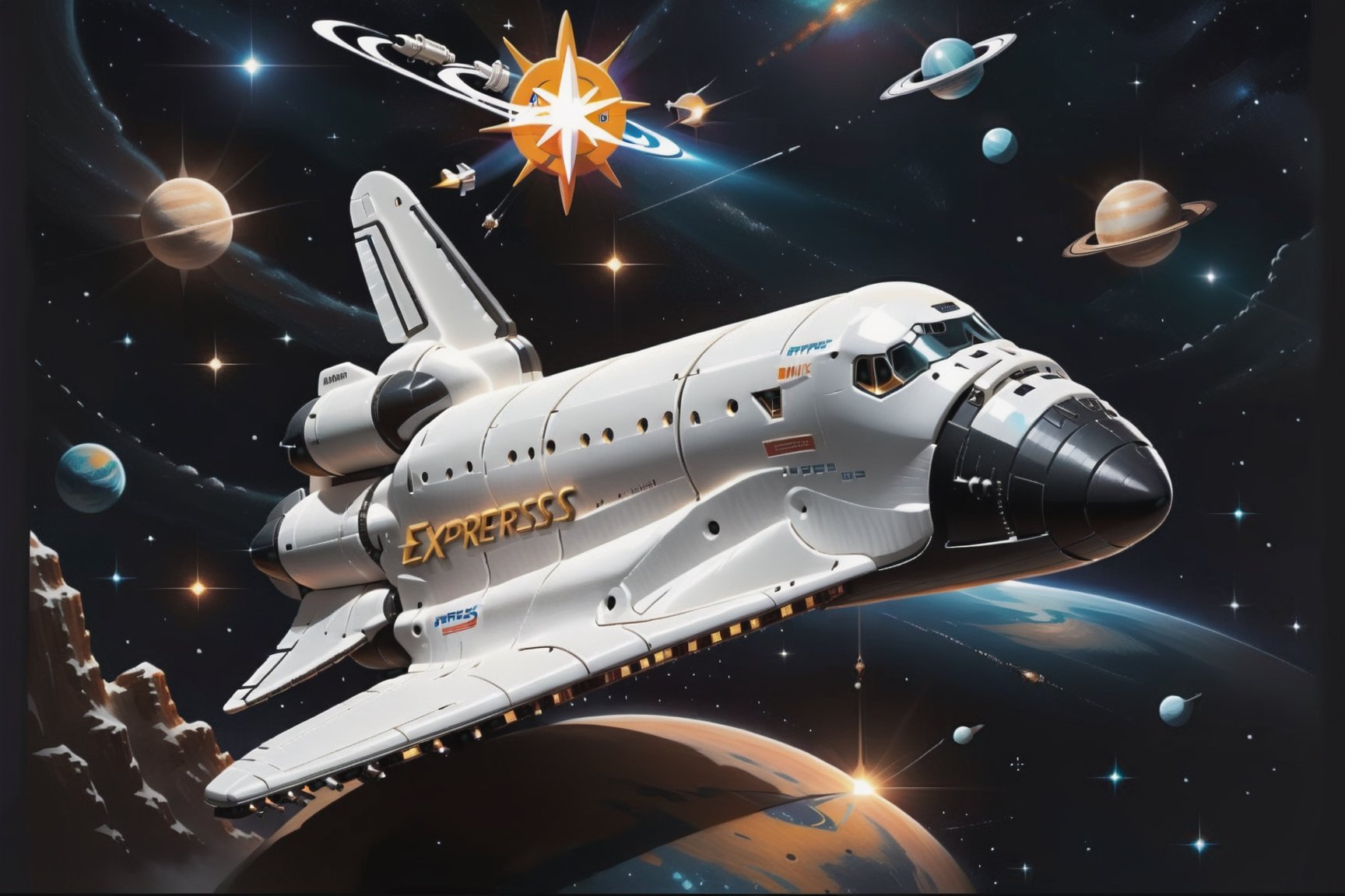 There  an image of a space shuttle with a star in the background, vintage space station logo, big train in space, retro science fiction spaceship, small retro starship in the sky, ornate spaceship painting, space graphic art in the background, far away spaceship in the background, spaceship in space, the Milky Way Express,  spaceship in background, WHITE BACKGROUND