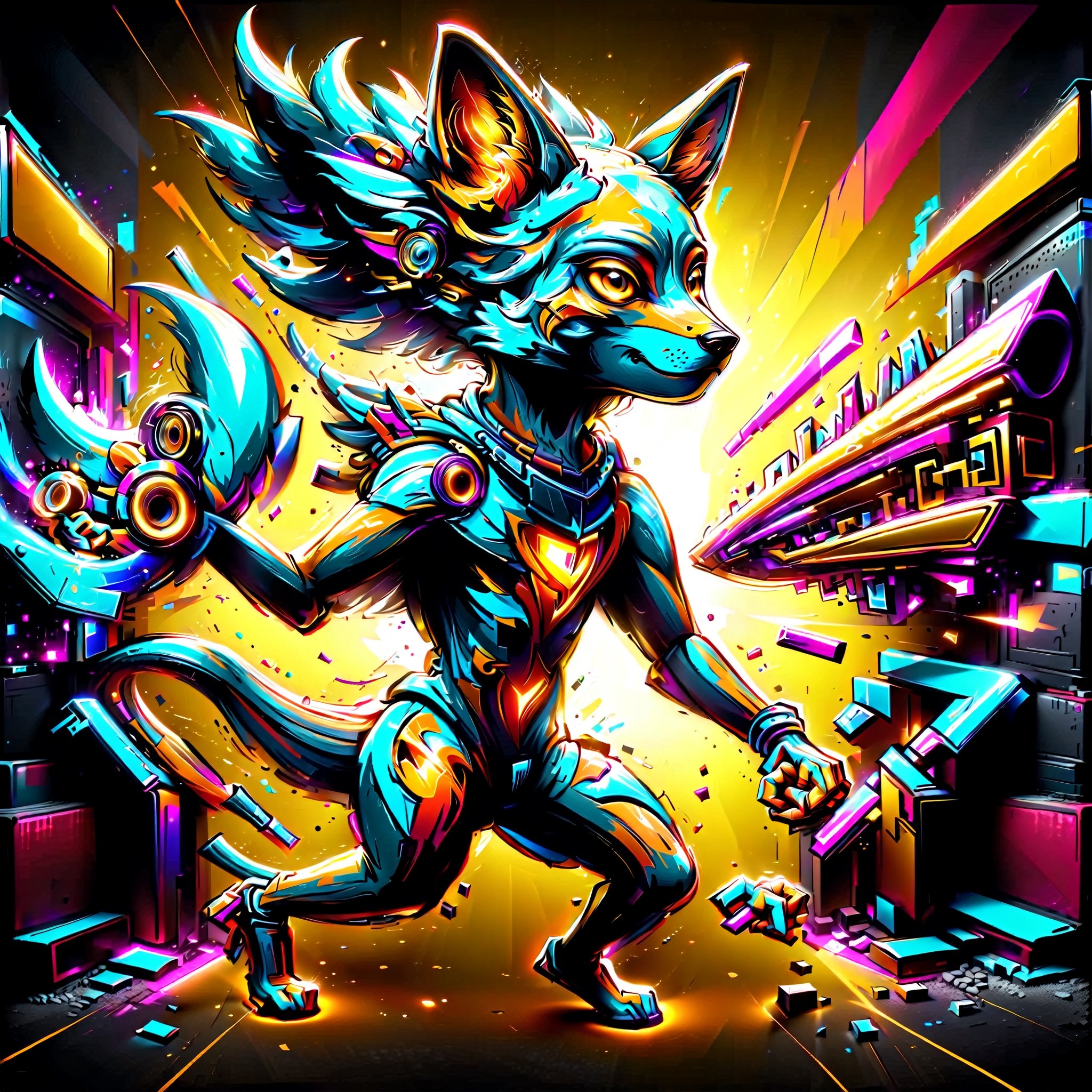 highly detailed colourful graffiti illustration of jackal playing with TNT, wearing gold headphones,