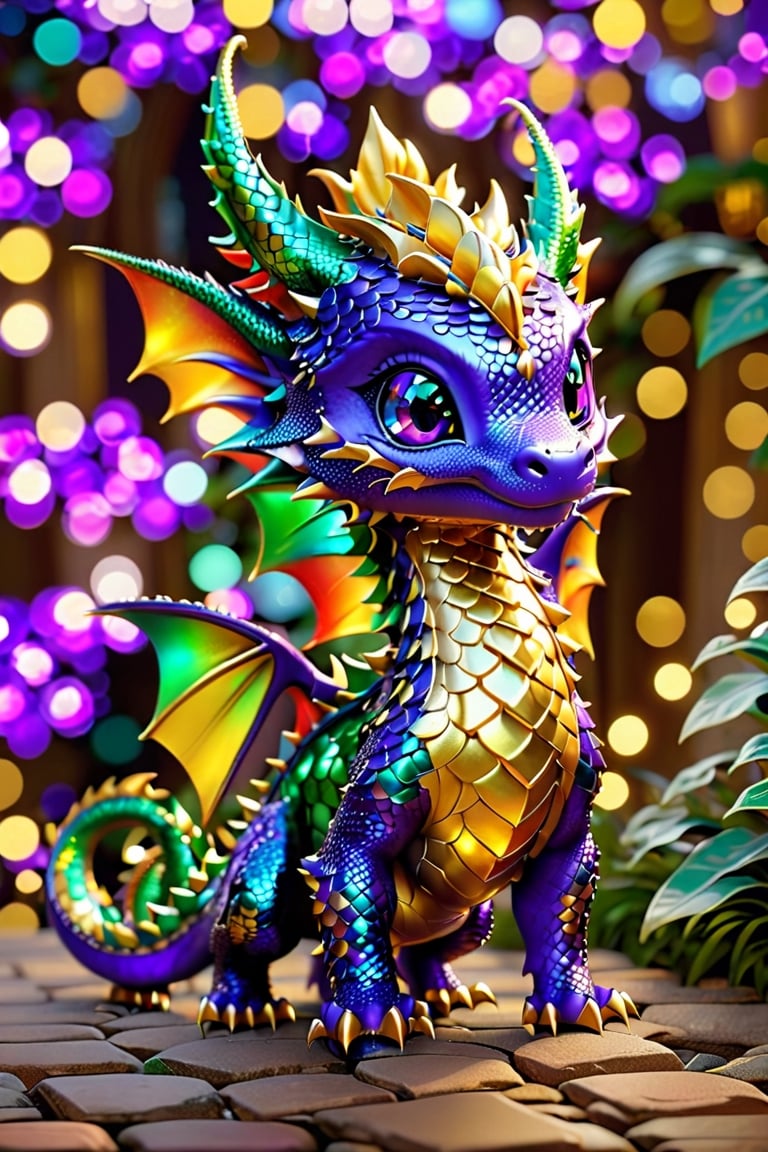 enigma, octane rendering, unreal engine, cinematic, hyperrealism, 16k, depth of field, bokeh.iridescent accents.vibrant.Dragon cub made like the video game character Spyro, with dragon scales with a shiny purple and gold outline, horns golden and two red wings, it has four purple legs, a charismatic personality, a cunning look, the dragon has the tip of its tail in the shape of a golden arrow. In color, each scale shines with iridescent hues, transforming the ordinary into a fascinating spectacle,Disney pixar style