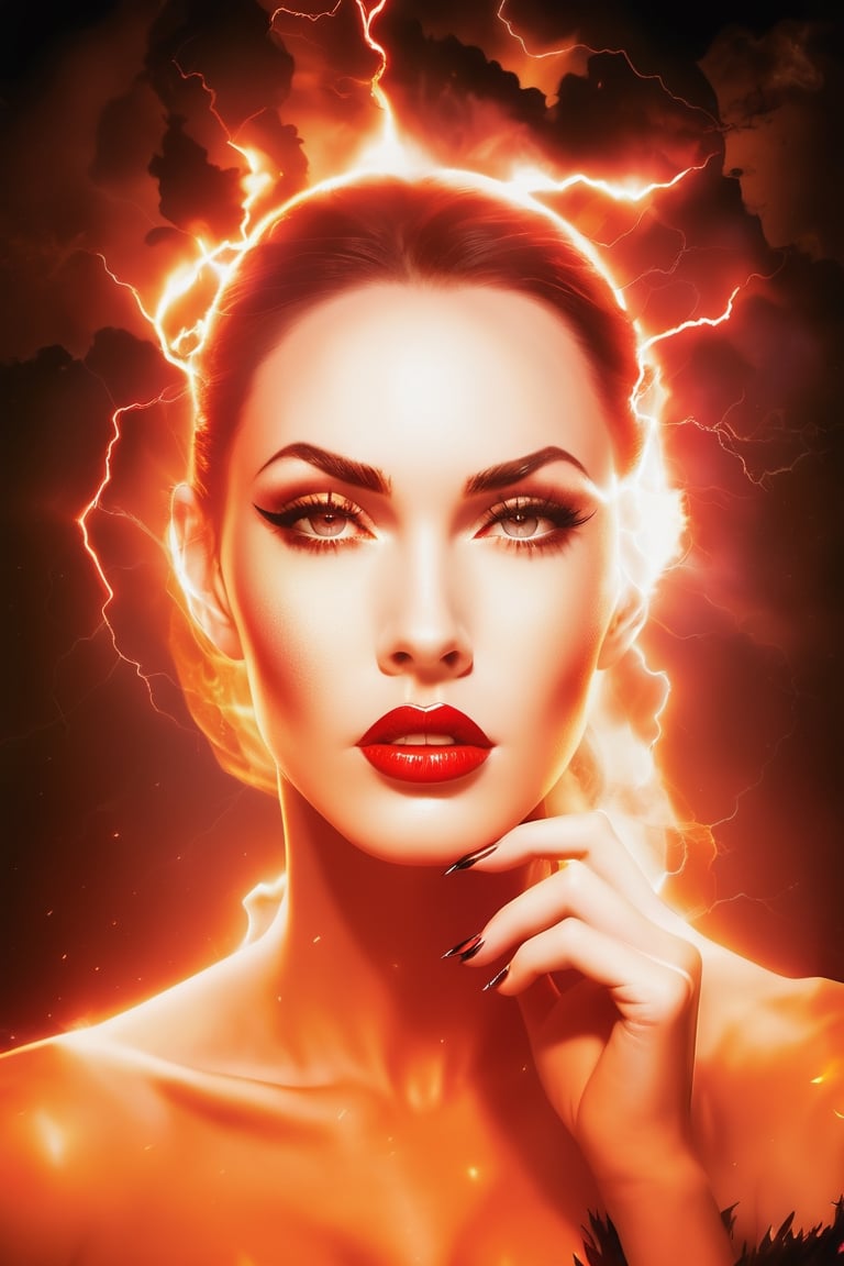 there is a woman with a red lipstick and a black dress, she is attracting lightnings, portrait of megan fox as demon, she has fire powers, splashes of lightning behind her, glowing lens flare wraith girl, portrait of a sci - fi woman, fireball lighting her face, futuristic woman portrait, portrait of a sorceress