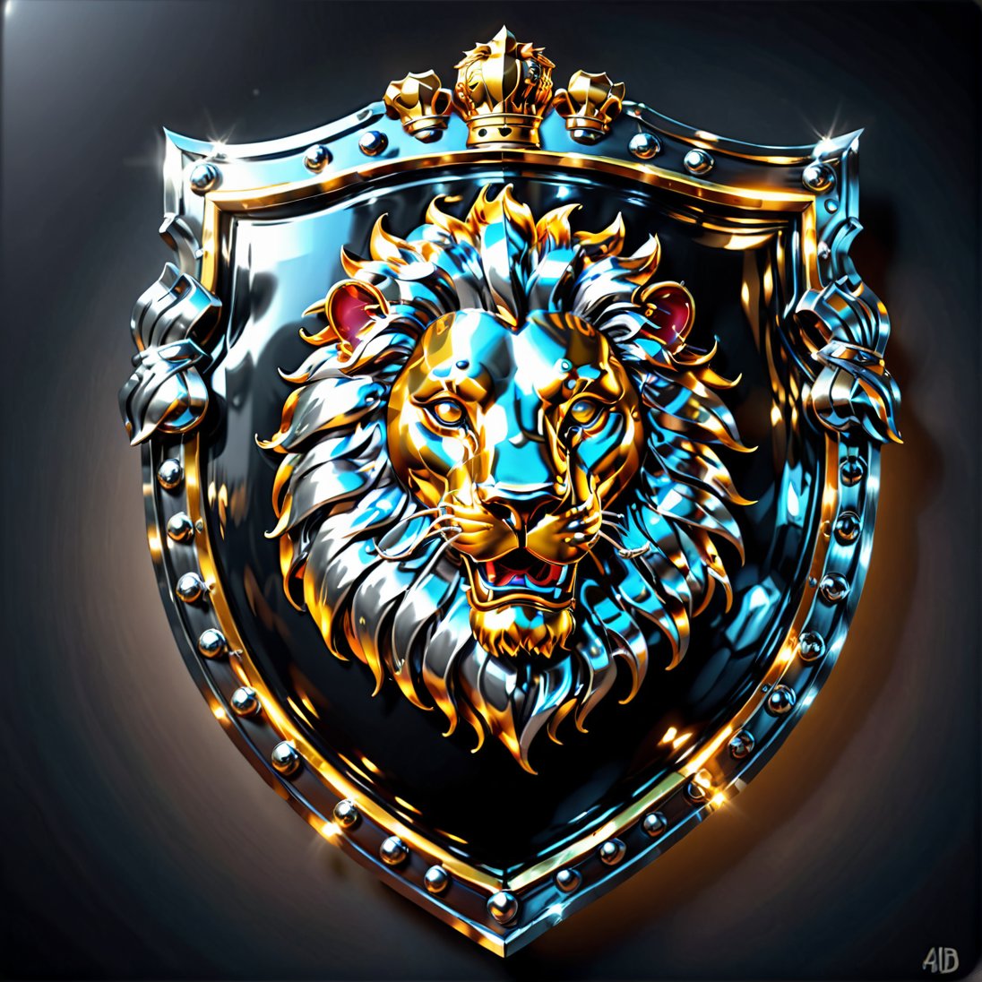 high detail, high quality, 8K Ultra HD, high quality, 8K Ultra HD, ln Family crest style, A neon mad golden lion face on a shield in silver and black highlights, background Black, glass shiny style