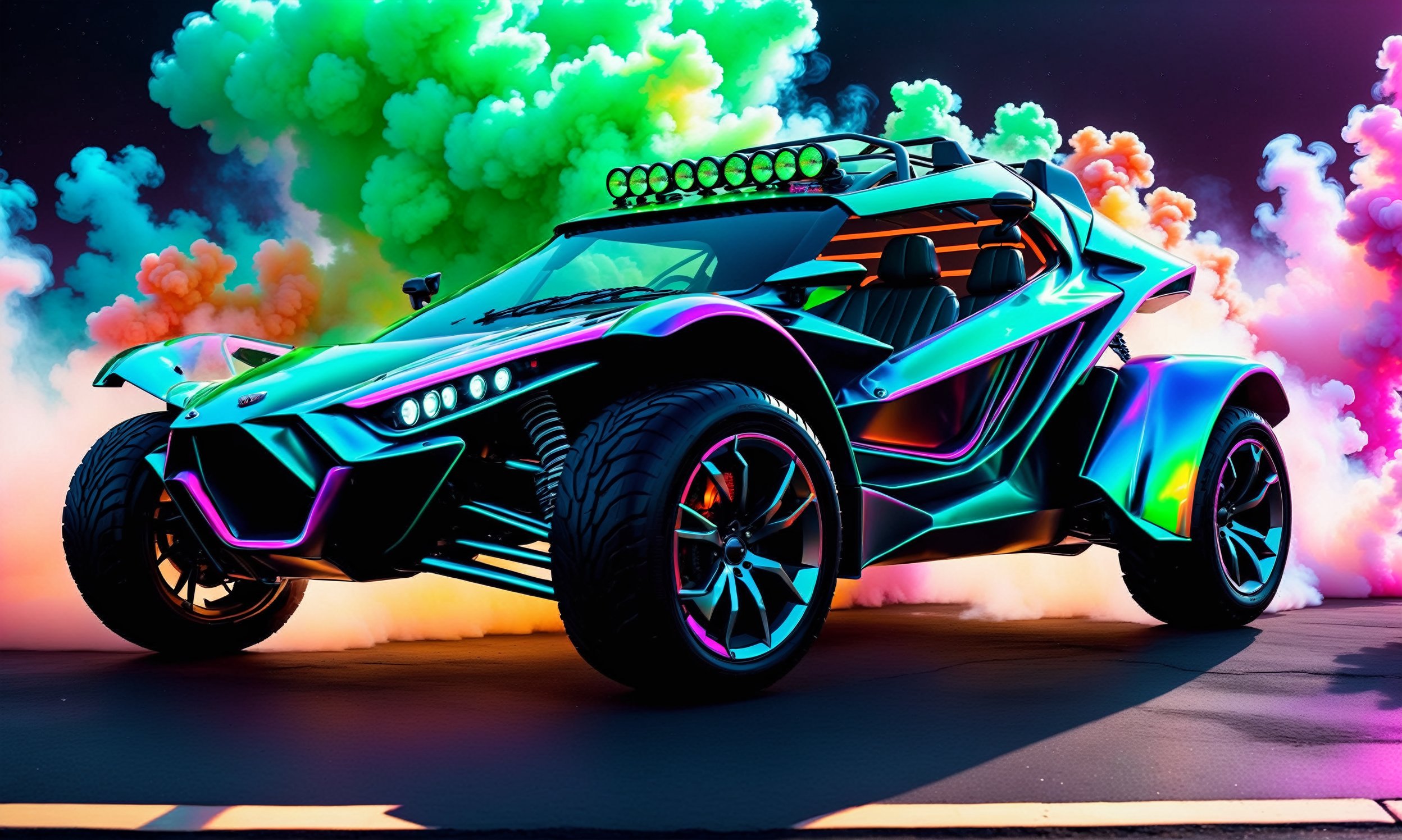 side view, ultra relistic,  of a green ariel nomad  with headlights on, a light bar on the roof shining bright beams of white light ,  background of colorful smoke , ✏️🎨, 8k stunning artwork, vapor wave, neon smoke, hyper colorful, stunning art style, car with holographic paint, amazing wallpaper, futuristic art style, 8 k highly detailed ❤🔥 🔥 💀 🤖 🚀4k phone wallpaper, inspired by Mike Winkelmann, ,H effect,colorful