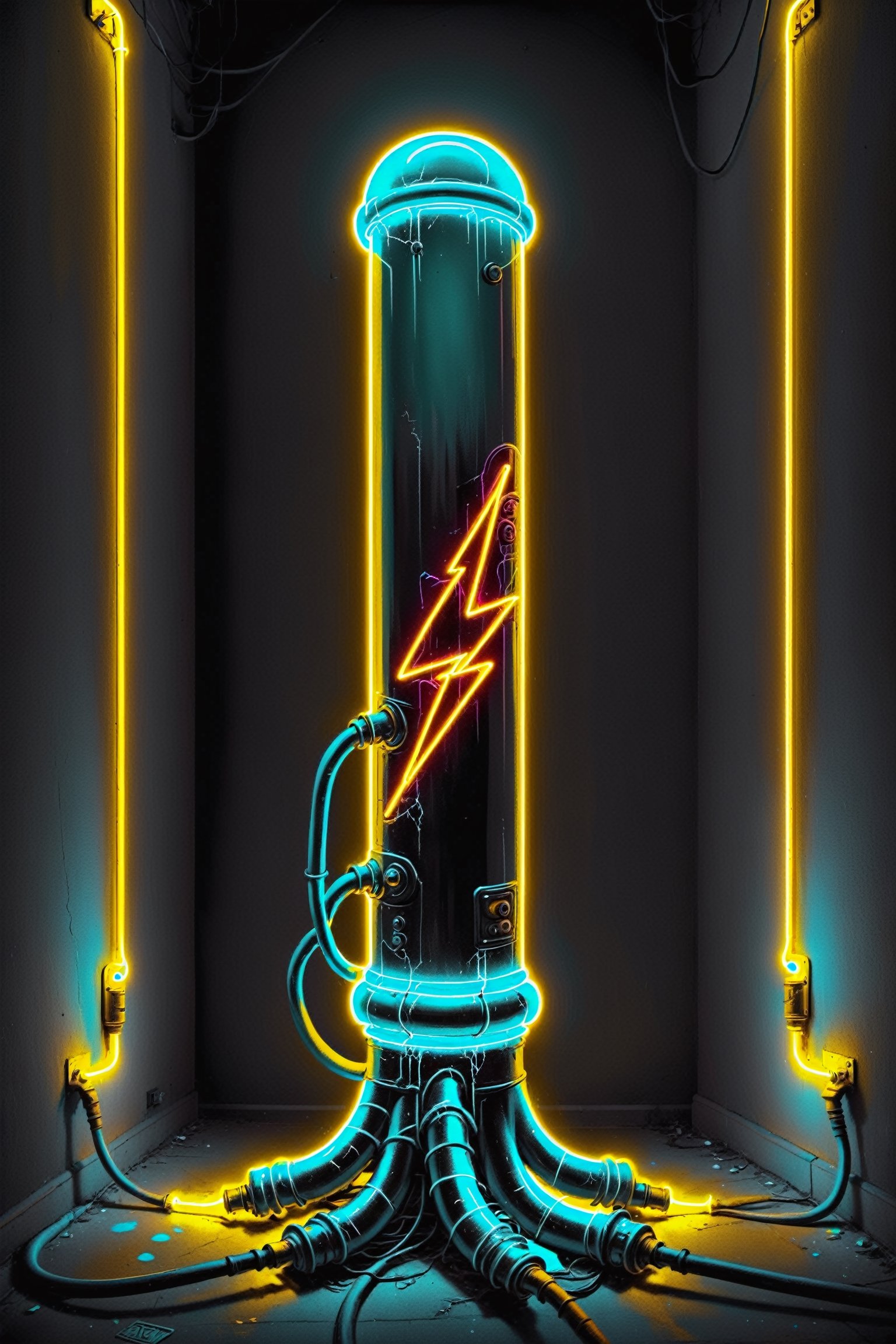 neon street art electricity industries vacume tube with glowing gold light, elements lightning gold light  neon vivid colors, SelectiveColorStyle