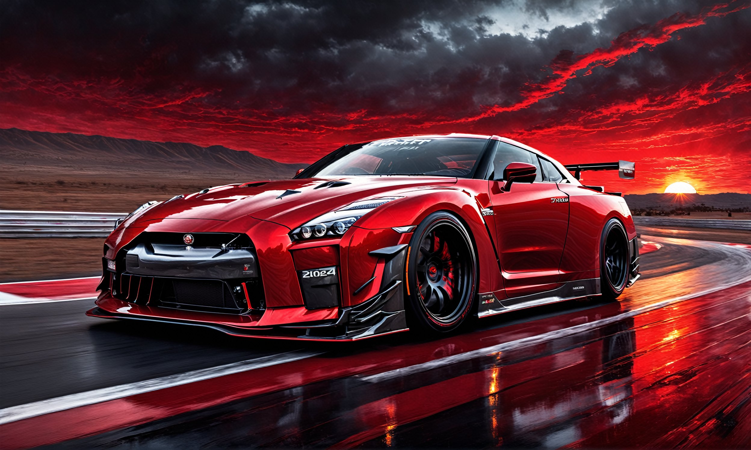 Ultra wide photorealistic medieval gothic image of "2024" lettering, custom design, graffiti, racing serial number, fast lanes,UIltra wide shot, full car 2024 Nissan GT R Nismo red with black race racing livery wiith a wide body kit racing with a Dark sun setting in the background, Glowing road as the car races showing motion with spinning tire blur and motion lines behind it,  - 8k photorealistic masterpiece - by Aaron Horkey and Jeremy Mann - detail. liquid gouache: Jean Baptiste Mongue: calligraphy: acrylic: color watercolor, cinematic lighting, maximalist photo illustration: marton Bobzert: 8k concept art, intricately detailed realism, complex, elegant, sprawling, fantastical and psychedelic, dripping with color,science fiction,H effect