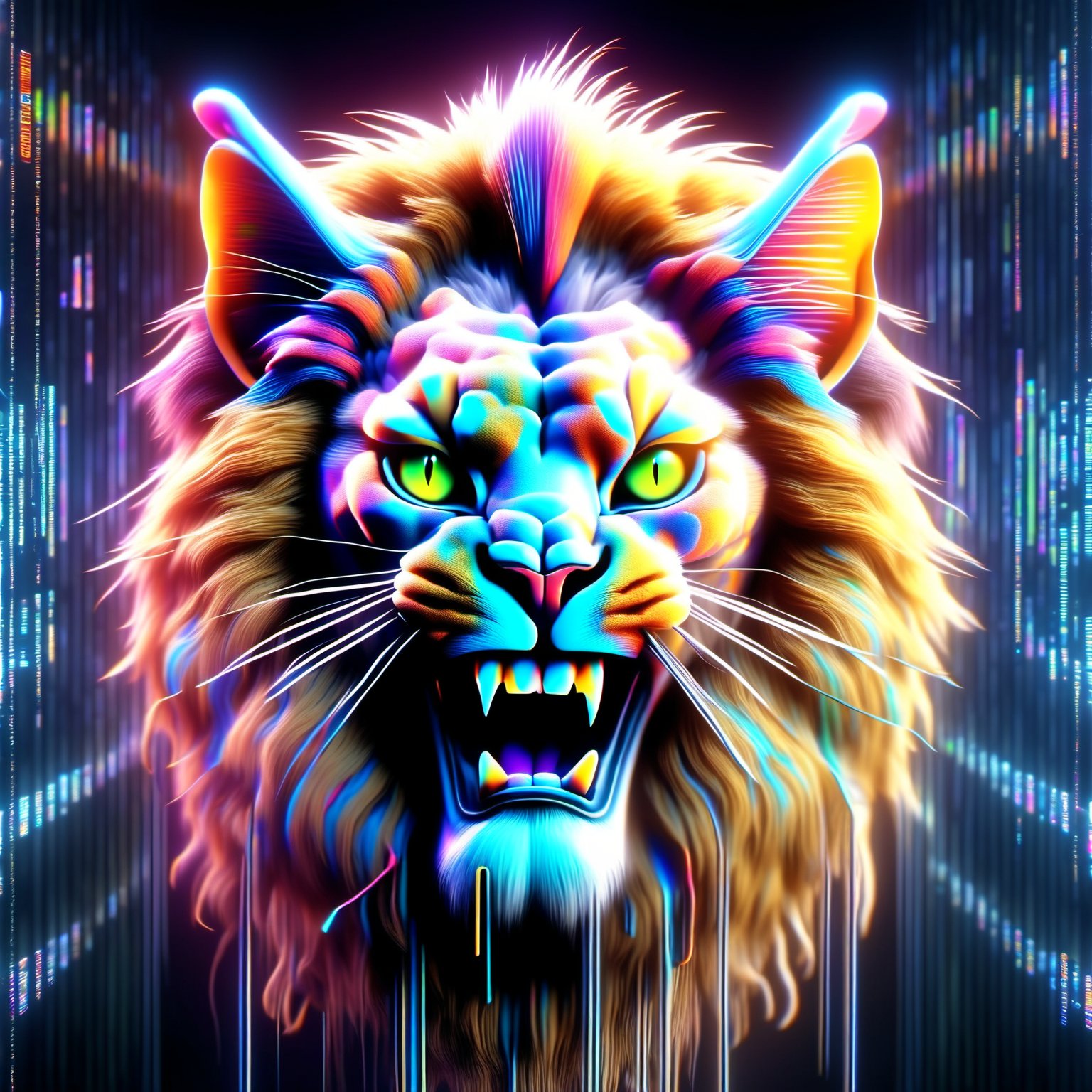 (((text "Mad Cat"))),  of a MAD CAT Lion face eyes squinted moth open showing teeth, Neon multy colored matrix code falling from the top in the background, intelligence concepts HD wallpaper,DonMH010D15pl4yXL ,