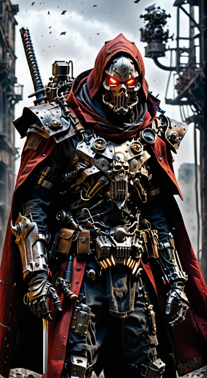 realistic, concept art, 1man, solo, post apocalypse outfit, red cape blowing in the wind, cowboy hat, robot arm, trench coat, mechanical skull mask, glowing chest, glowing eyes, katana strapped to the back  , close-up, glowing light, cinematic lighting, masterpiece, anatomically correct, super detail, best quality, award winning, highres, 4K, 8k, 16k, HD