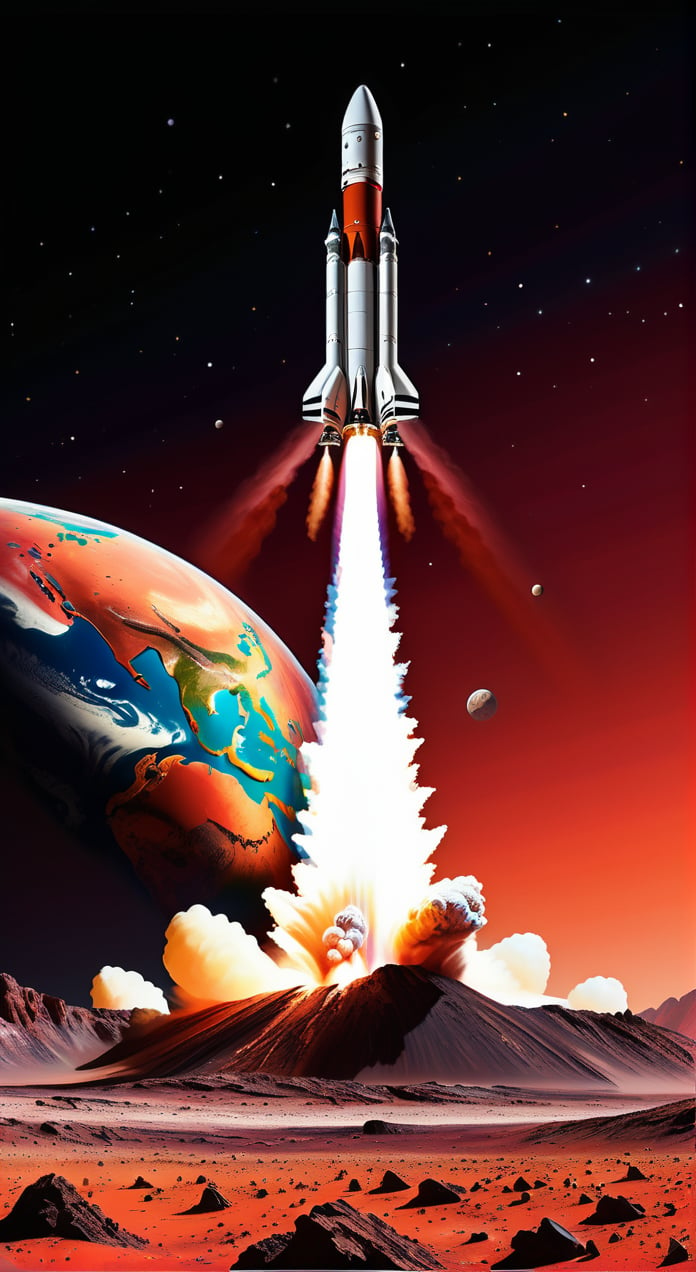 impactful color paint of a rocket is launching from Earth on a mission to explore Mars. Show the rocket against the backdrop of a red Martian sky, with the planet's surface and rocky terrain below, ........... highly detailed, vibrant colors , 8k, sharp, professional, clear, high contrast, high saturated, , vivid deep blacks, crystal clear