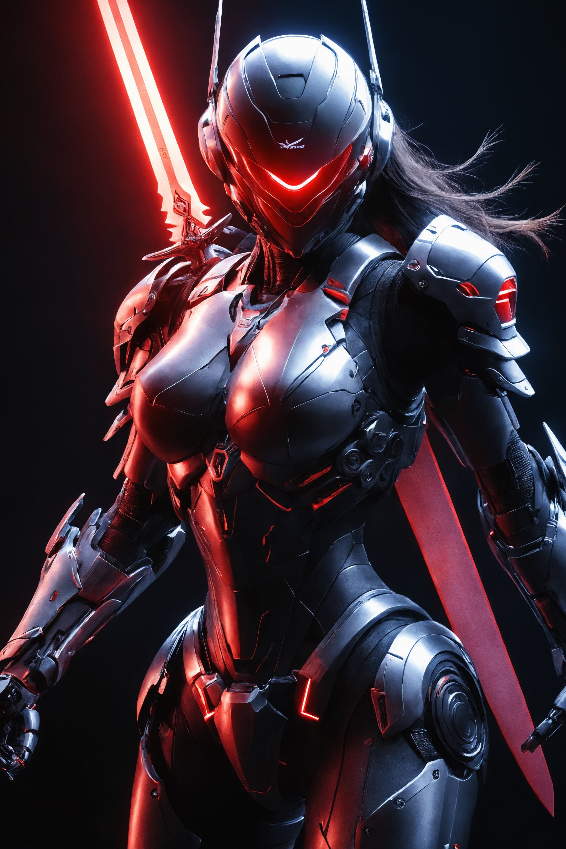 (ultra realistic,best quality),photorealistic,Extremely Realistic, in depth, cinematic light,mecha\(hubggirl)\,

a female robot soldier, holding two glowing red swords with both hands, dynamic poses, dark background,

particle effects, perfect hands, perfect lighting, vibrant colors, 
intricate details, high detailed skin, 
intricate background, realism, realistic, raw, analog, taken by Canon EOS,SIGMA Art Lens 35mm F1.4,ISO 200 Shutter Speed 2000,Vivid picture,