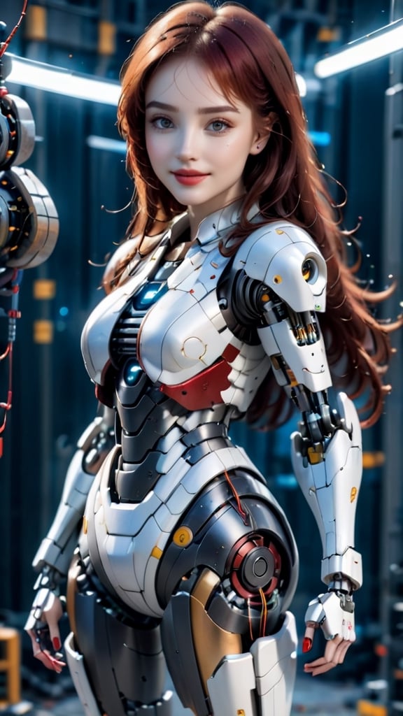 1girl, beautiful face, pale skin, red_hair, medium hair, smiling face, holding a plug with cable, robotic body, full body, sitting, wires, robotic legs, robotics arms, robotic body, robotic hands, futiristic, robotic, mechanical, armored, standing, expressionless face, damaged robotic body, red_robotic_body, alone, (plug and wires), straight leg, busty breast, mecha, bodycon,hdsrmr,Movie Still,natalee