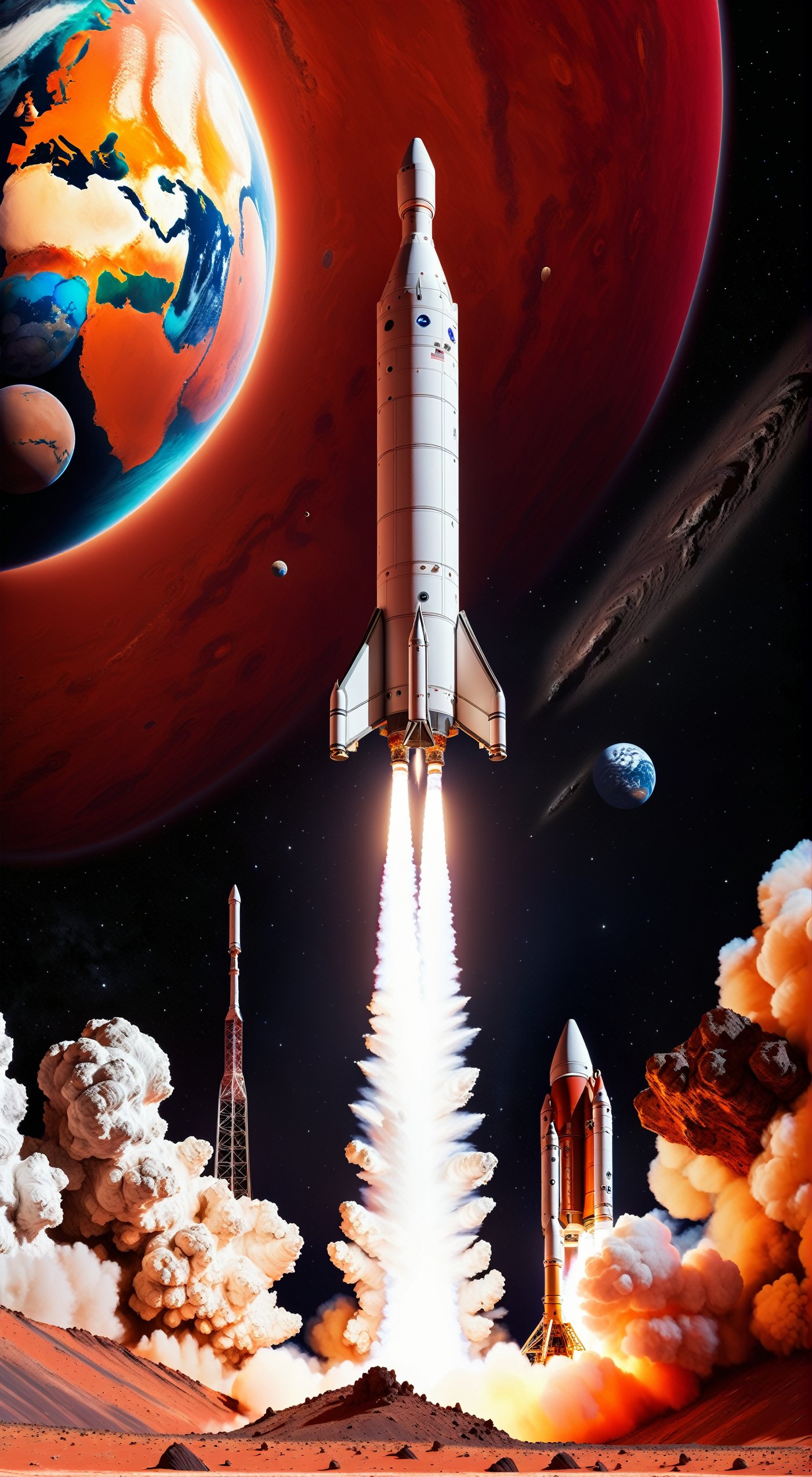 impactful color paint of a rocket is launching from Earth on a mission to explore Mars. Show the rocket against the backdrop of a red Martian sky, with the planet's surface and rocky terrain below, ........... highly detailed, vibrant colors , 8k, sharp, professional, clear, high contrast, high saturated, , vivid deep blacks, crystal clear