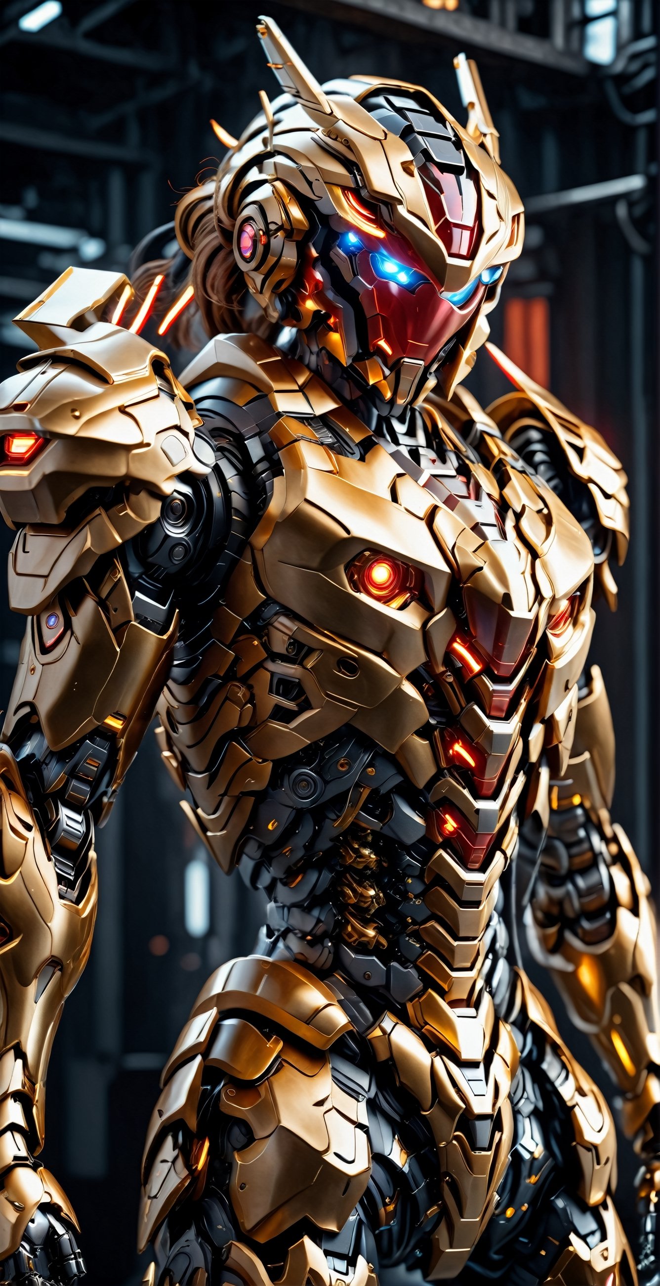 High resolution, battlefield background, golden black, intricate armor details,excellent shape focus, new design, full hd, 8k, hdr,Mecha body,hdsrmr,Energy light particle mecha,Fire Angel Mecha