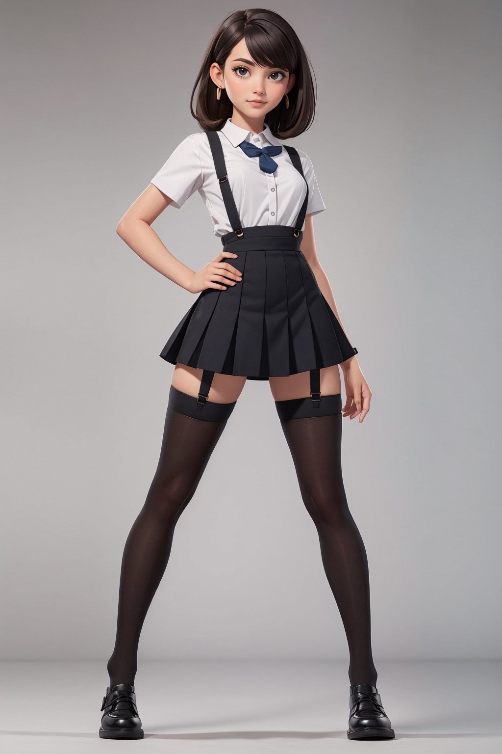 character sheet, student clothes, beautiful, good hands, full body, looking to the camera, good body, 18 year old girl body, school shoes, school skirt, school shirt, black shoes, sexy pose, full_body, with small earrings, character_sheet, fashionable hairstyle, school_uniform, shoes_black, with  school_shoes_black, arcane style, clothes with accessories, denier tights in beige, stockings_colorbeige, Reclaimed Vintage side cut out tights in black, clothes sexy, Bluebella garter suspender in black,brown hair, straight hair, fair skin, light eyes