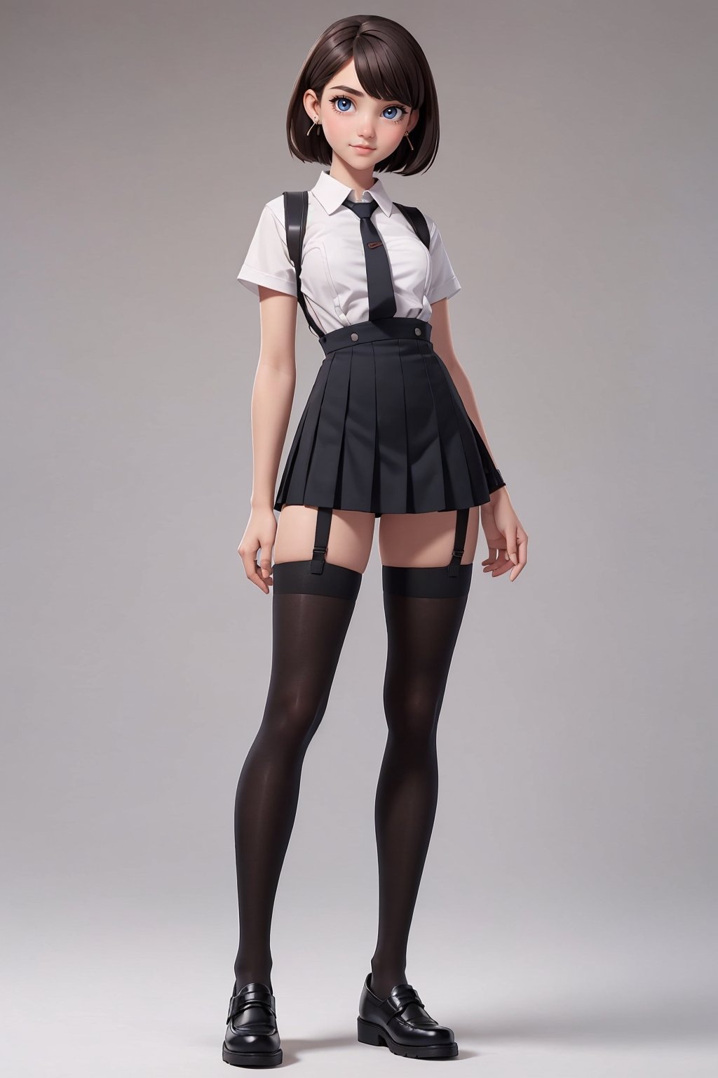 character sheet, student clothes, beautiful, good hands, full body, looking to the camera, good body, 18 year old girl body, school shoes, school skirt, school shirt, black shoes, sexy pose, full_body, with small earrings, character_sheet, fashionable hairstyle, school_uniform, shoes_black, with  school_shoes_black, arcane style, clothes with accessories, denier tights in beige, stockings_colorbeige, Reclaimed Vintage side cut out tights in black, clothes sexy, Bluebella garter suspender in black,brown hair, straight hair, fair skin, light eyes,
red flower in her hair