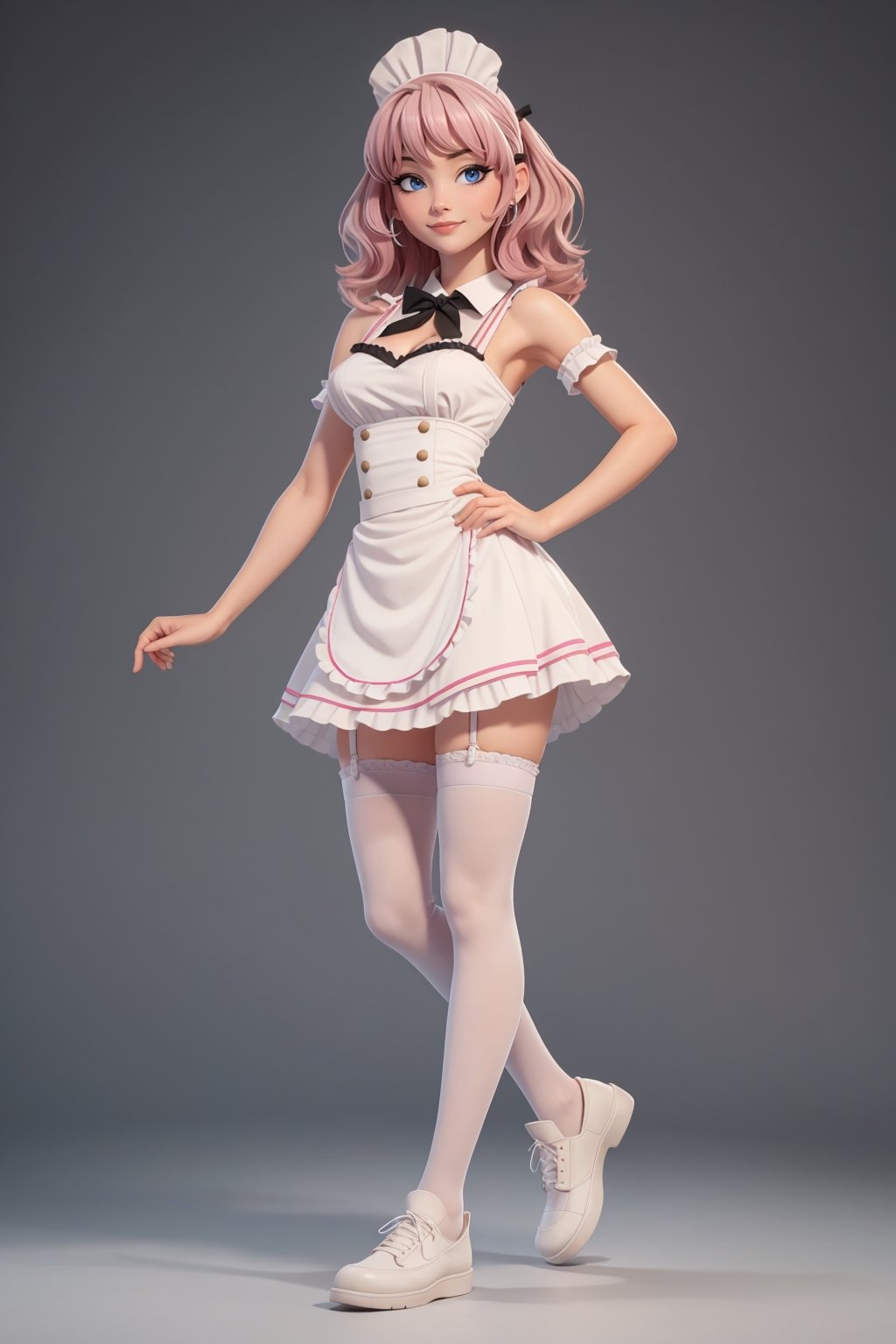 character sheet,looking to the camera,beautiful, good hands, full body, good body, 18 year old girl body,sexy pose, full_body,character_sheet, shoulder length fluffy semi wavy hair, pink hair,maid clothes, white stockings, greeting pose, black shoes