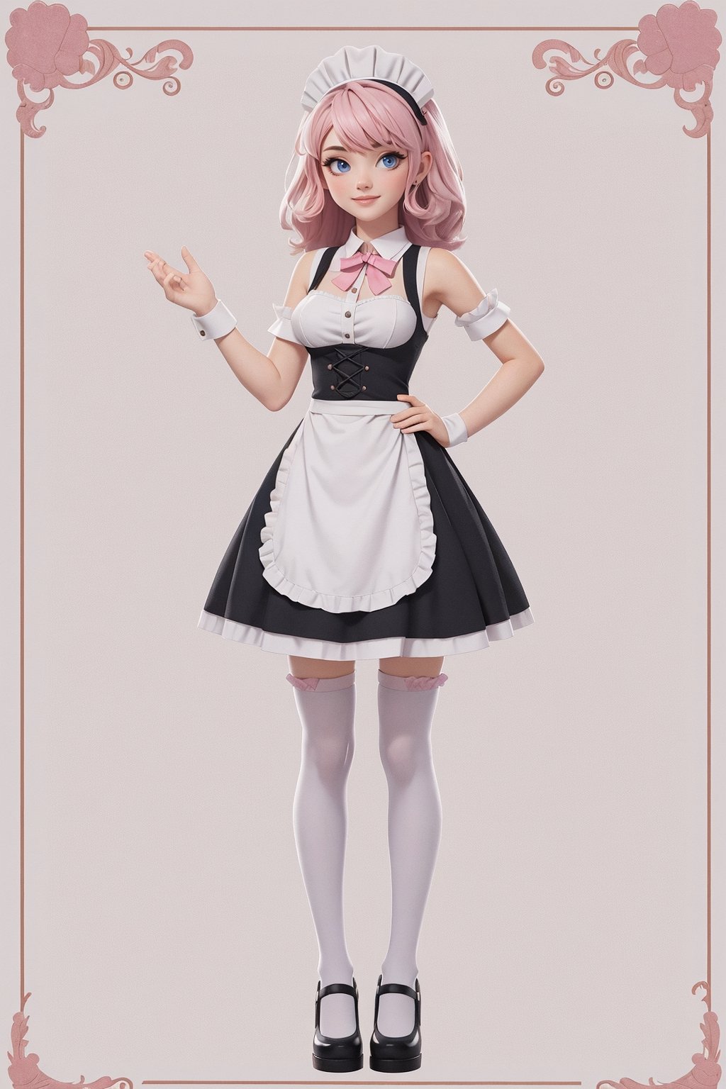 character sheet, student clothes, beautiful, good hands, full body, good body, 18 year old girl body,shoulder length fluffy semi wavy hair, 
pink hair,maid clothes, white stockings