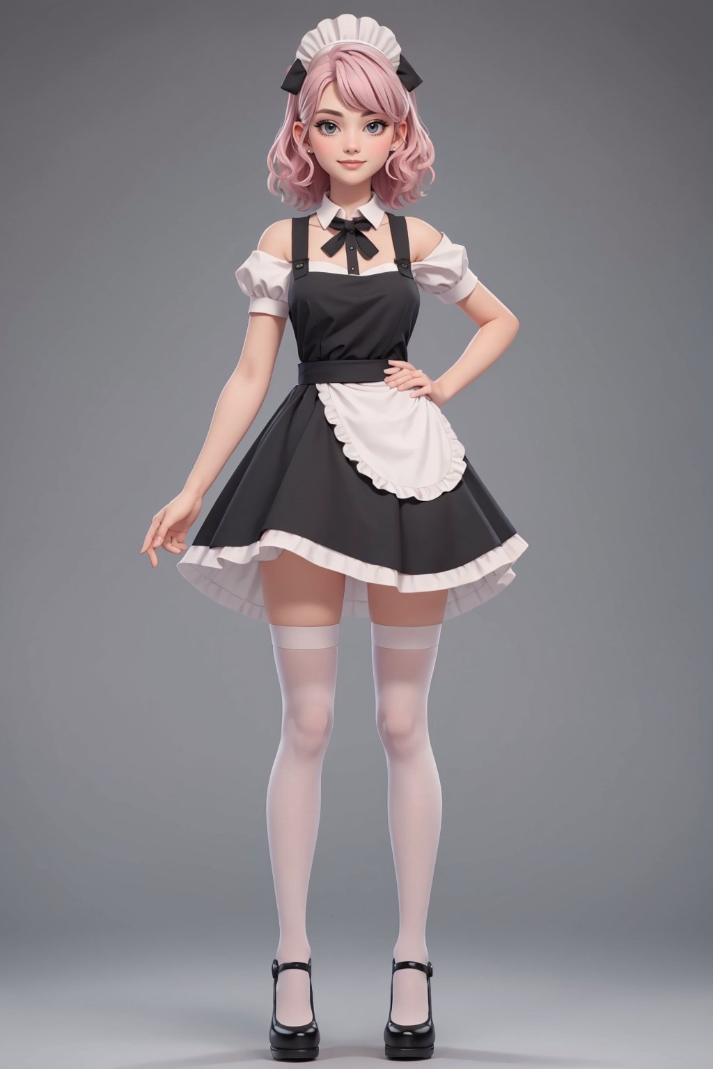 character sheet,looking to the camera,beautiful, good hands, full body, good body, 18 year old girl body,sexy pose, full_body,character_sheet, shoulder length fluffy semi wavy hair, pink hair,maid clothes, white stockings, greeting pose,maid black shoes, good geometry