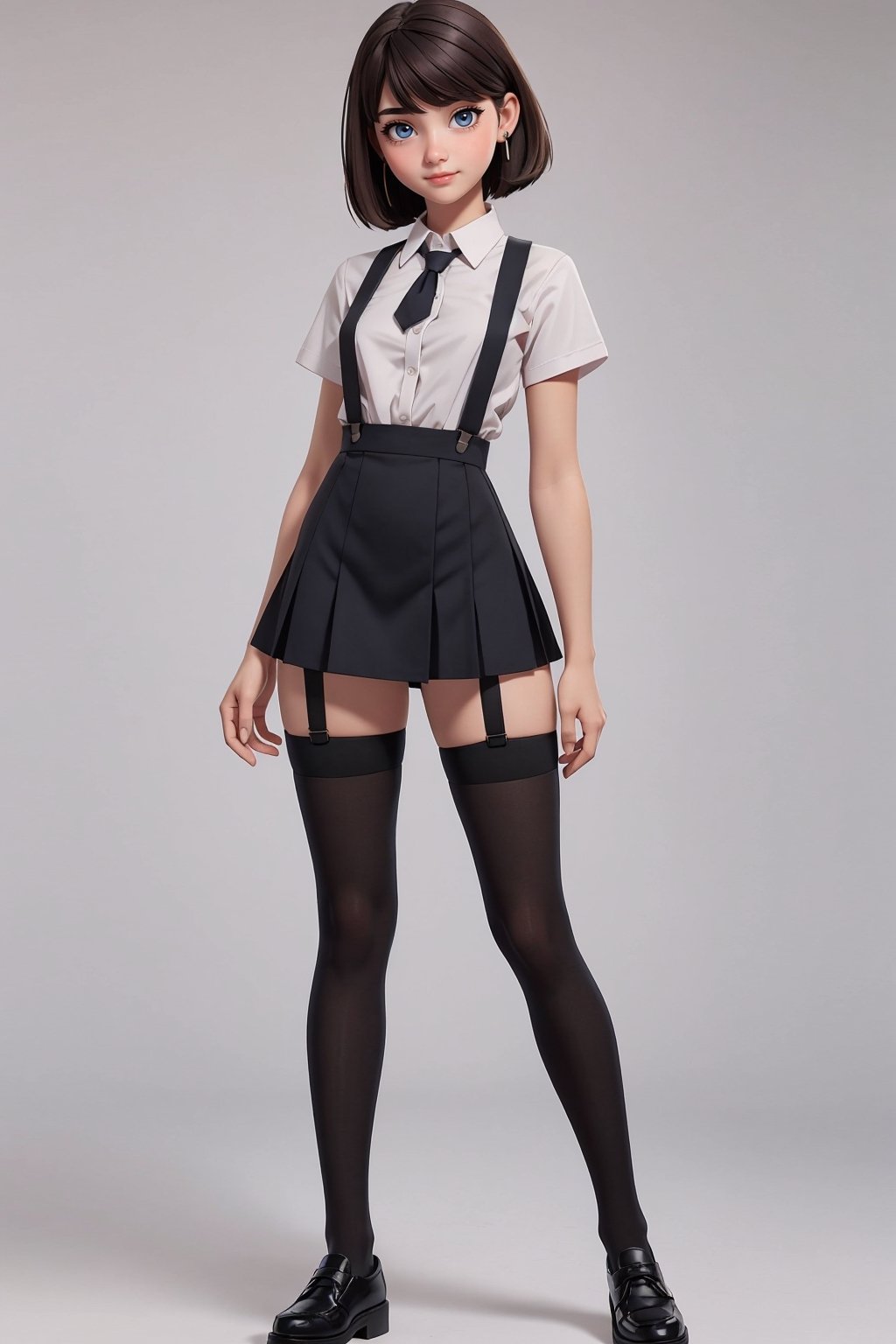 character sheet, student clothes, beautiful, good hands, full body, looking to the camera, good body, 18 year old girl body, school shoes, school skirt, school shirt, black shoes, sexy pose, full_body, with small earrings, character_sheet, fashionable hairstyle, school_uniform, shoes_black, with  school_shoes_black, arcane style, clothes with accessories, denier tights in beige, stockings_colorbeige, Reclaimed Vintage side cut out tights in black, clothes sexy, Bluebella garter suspender in black,brown hair, straight hair, fair skin, light eyes