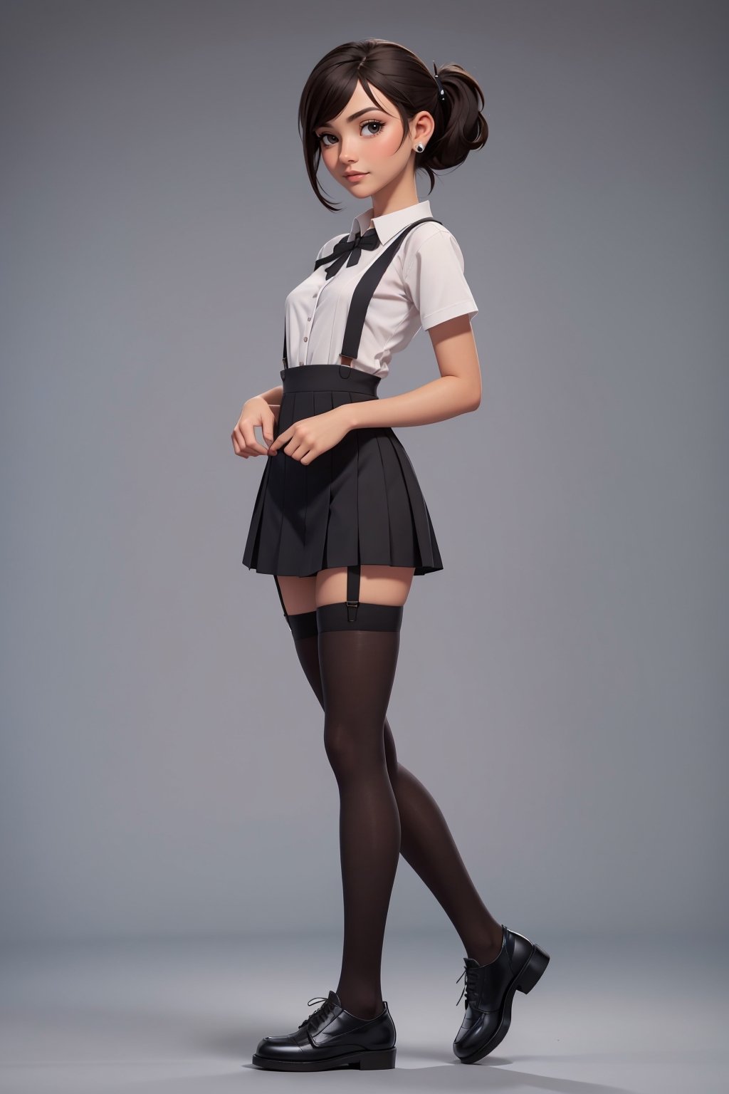 character sheet, student clothes, beautiful, good hands, full body, looking to the camera, good body, 18 year old girl body, school shoes, school skirt, school shirt, black shoes, sexy pose, full_body, with small earrings, character_sheet, fashionable hairstyle, school_uniform, shoes_black, with  school_shoes_black, arcane style, clothes with accessories, denier tights in beige, stockings_colorbeige, Reclaimed Vintage side cut out tights in black, clothes sexy, Bluebella garter suspender in black,brown hair, straight hair, fair skin, light eyes,ring on finger