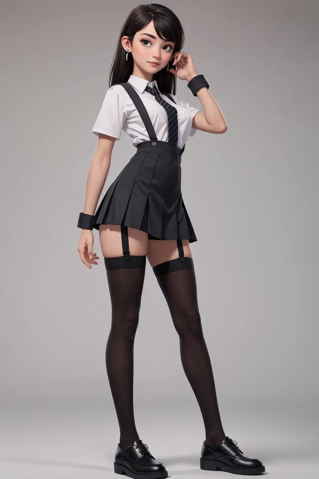 character sheet, student clothes, beautiful, good hands, full body, looking to the camera, good body, 18 year old girl body, school shoes, school skirt, school shirt, black shoes, sexy pose, full_body, with small earrings, character_sheet, fashionable hairstyle, school_uniform, shoes_black, with  school_shoes_black, arcane style, clothes with accessories, denier tights in beige, stockings_colorbeige, Reclaimed Vintage side cut out tights in black, clothes sexy, Bluebella garter suspender in black,brown hair, straight hair, fair skin, light eyes,ring on finger