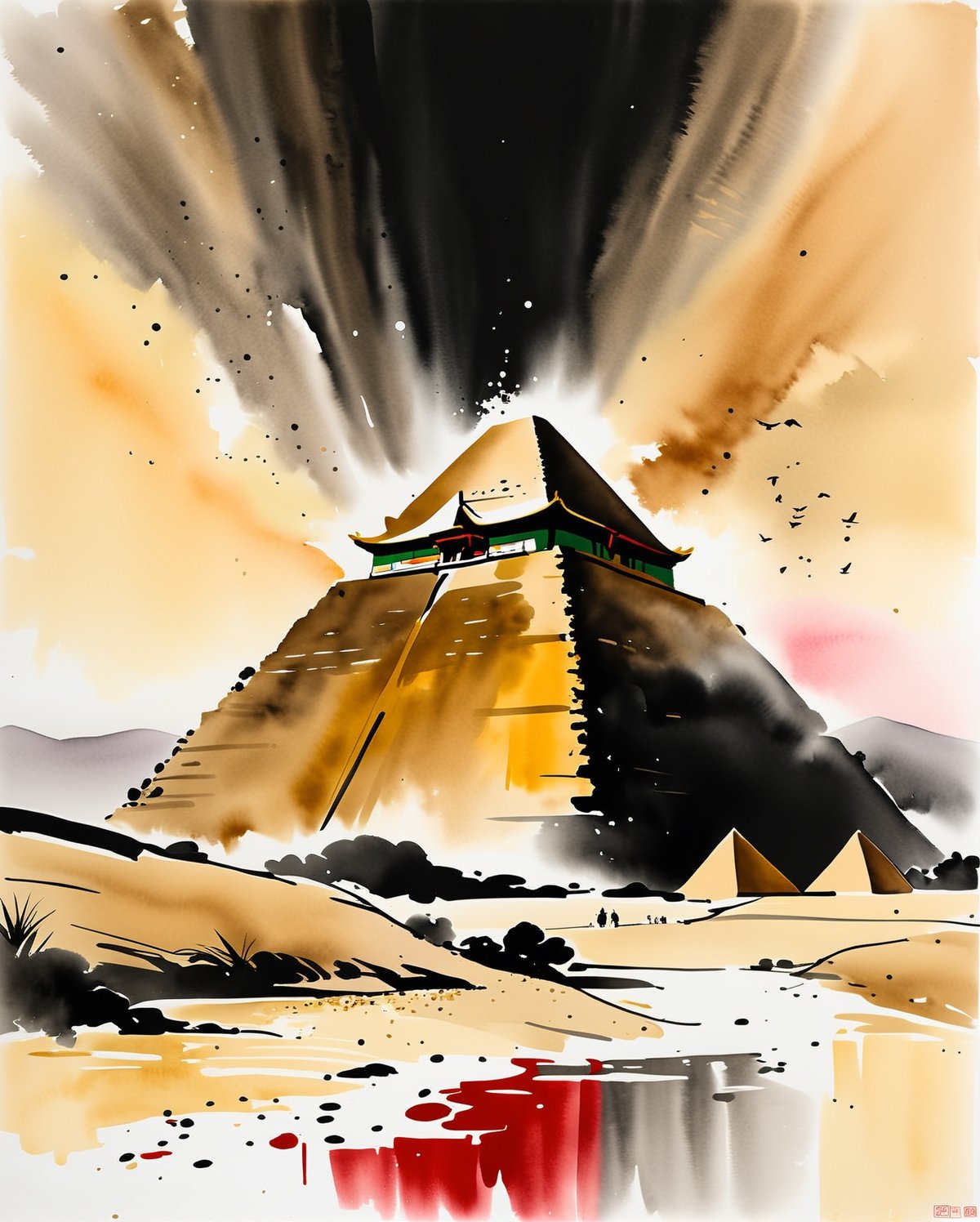 In this artistic endeavor, merge the traditional Chinese ink wash technique with the stylistic elements of Wu Guanzhong, harmonizing them with the iconic silhouette of the Egyptian pyramids. Embrace the fluidity and expressiveness of Chinese ink painting, capturing the essence of the ancient structures with bold brushstrokes and dynamic composition. Incorporate Western painting concepts such as perspective and light to add depth and realism to the scene, enhancing the majestic presence of the pyramids. Focus on capturing the timeless allure and enigmatic beauty of these architectural wonders, infusing them with a sense of poetic tranquility and cultural resonance. Let the synthesis of Eastern and Western influences create a captivating visual narrative that transcends cultural boundaries and celebrates the universal appeal of artistic expression.