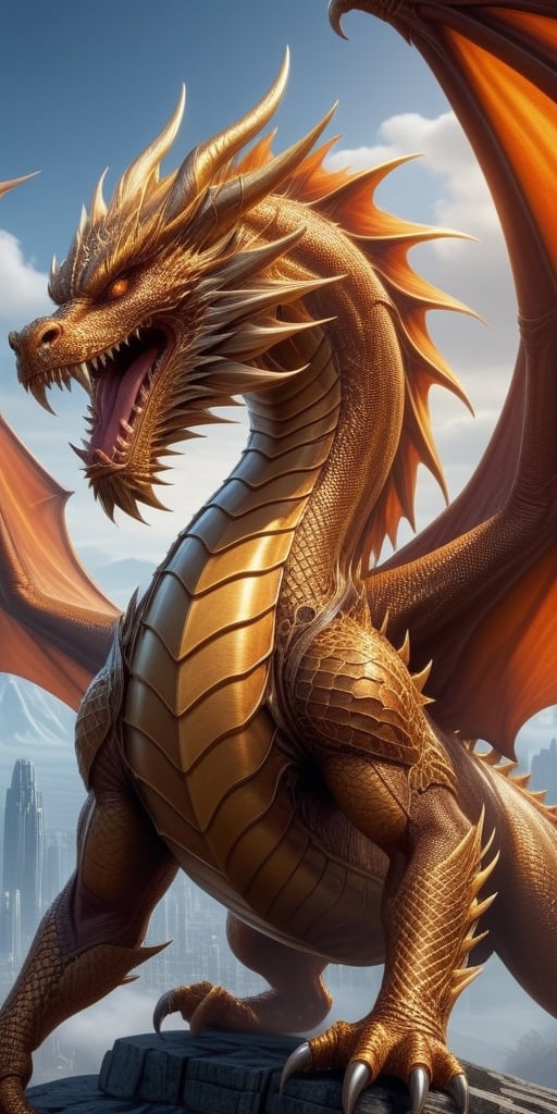 Generate hyper realistic image of a futuristic world where humans have harnessed the power of dragon DNA to enhance their physical abilities. Describe the life of a skilled warrior who possesses dragon-like strength and agility, using their unique abilities to protect their people.,1dragon,golden dragon,,<lora:659095807385103906:1.0>