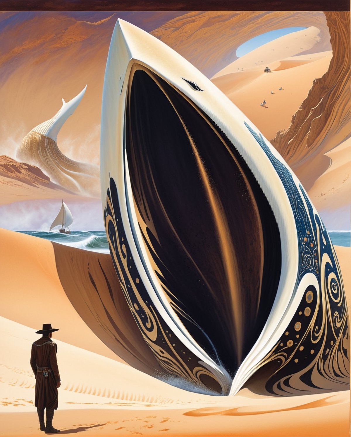 In this stunning and surreal illustration, the vast, sandy sea of "Dune's" desert planet merges with the mystique of "Moby-Dick." A colossal sand whale, a majestic yet menacing creature, breaches the dunes, creating a breathtaking spectacle. Beside it, a lone man dressed in a blend of futuristic and seafaring attire stands with awe-struck determination. The swirling sands around them form intricate patterns, bridging the cosmic vastness of the desert and the maritime allure of the great white whale. This captivating image encapsulates the essence of adventure in a desert ocean teeming with mythical wonder.