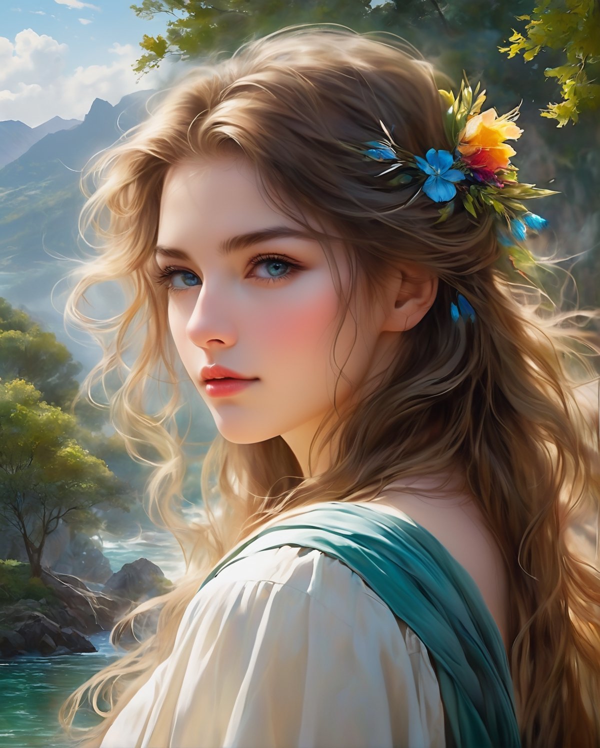 A captivating, hyperrealistic digital painting of a stunningly beautiful girl, featuring a delicate and perfect face with reflective eyes that seem to gleam. The artwork masterfully combines the styles of Arthur Rackham and Antoine Blanchard, resulting in a vibrant and colorful masterpiece. The background features a lush landscape with a mix of bright and vibrant colors, creating a dynamic and eye-catching scene. The center of the image is the girl, with a sharp focus on her face, revealing the incredible level of detail and smoothness in the painting. This hyperrealistic illustration is a stunning work of art, perfected to 8k resolution., illustration, conceptual art