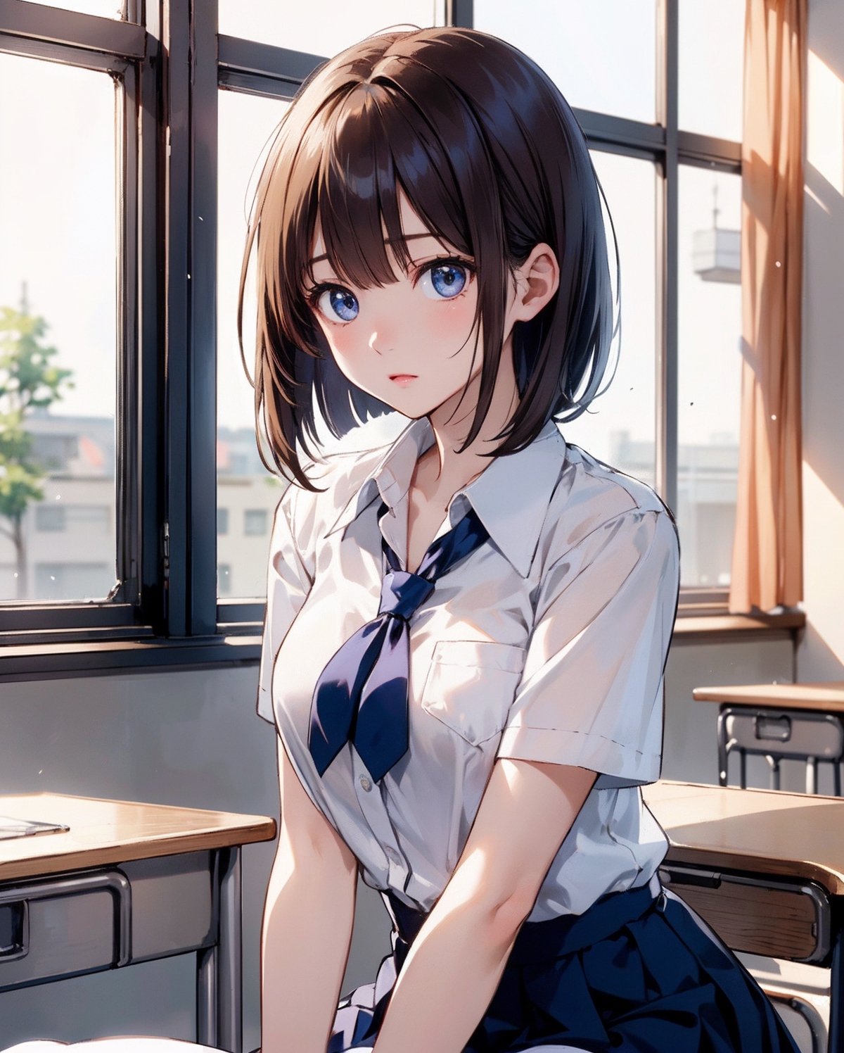 A beautiful Japanese anime girl with short bob-cut brown hair and bangs, wearing a white school blouse with a blue ribbon tie and a pleated navy skirt, sitting in a well-lit classroom with desks and large windows in the background. The girl has large, expressive eyes and a slightly surprised or curious expression. Realistic anime style, high detail, soft lighting, natural sunlight
,anime