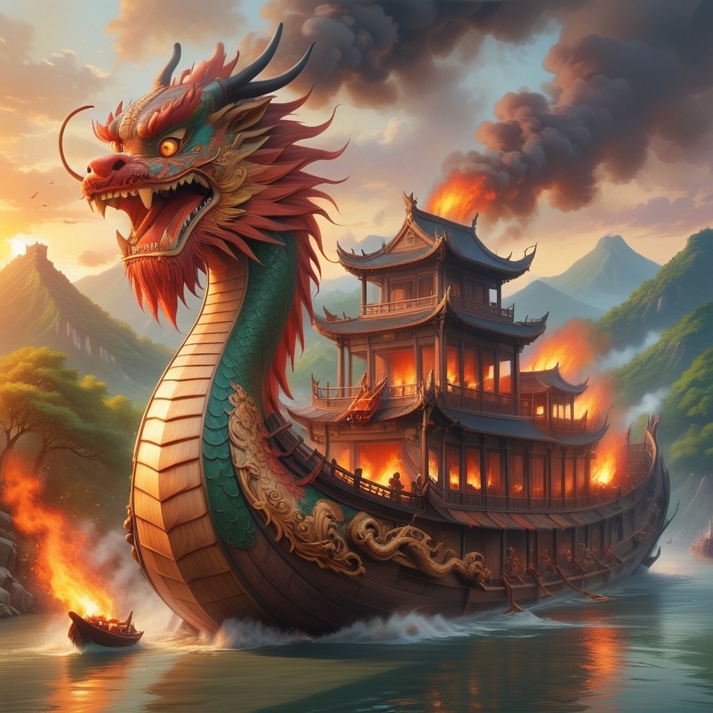 dragon ship, dragon boat, war, warship, fire, ancient chinese, river, ,japanese art,<lora:659095807385103906:1.0>