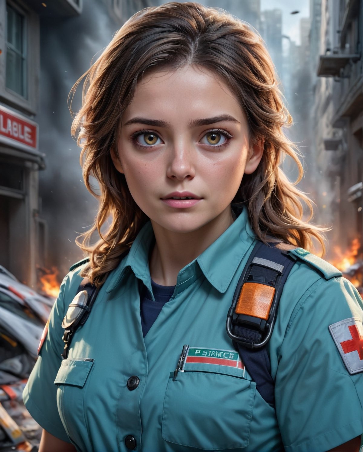 In a captivating portrayal of heroism, imagine an ultra-realistic depiction of a female paramedic amid the chaos of an emergency scene. With intense focus, her determined gaze reflects the gravity of her life-saving mission. Every detail, from the intricate folds of her uniform to the subtle tension in her gloved hands, conveys the urgency of her role. The dynamic lighting casts shadows that accentuate her resilience, capturing the essence of compassion and strength that defines her as a lifesaving presence in the midst of crisis.