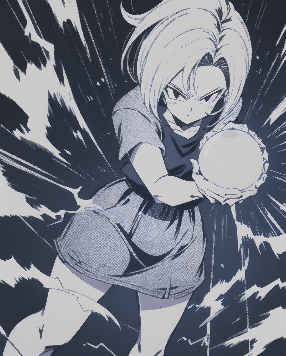 (best quality), (masterpiece),ultra-detailed,
1girl solo, andoroid 18, denim skirt, pantyhose,
emphasis lines,motion lines,(swirling:1.2) ,
 kamehameha, charging,energy ball, electricity, aura, dynbamic, kamehameha, Android_18_DB, casual wear, charging, casual wear,  look at viewer,  energy ball, ,LINEART