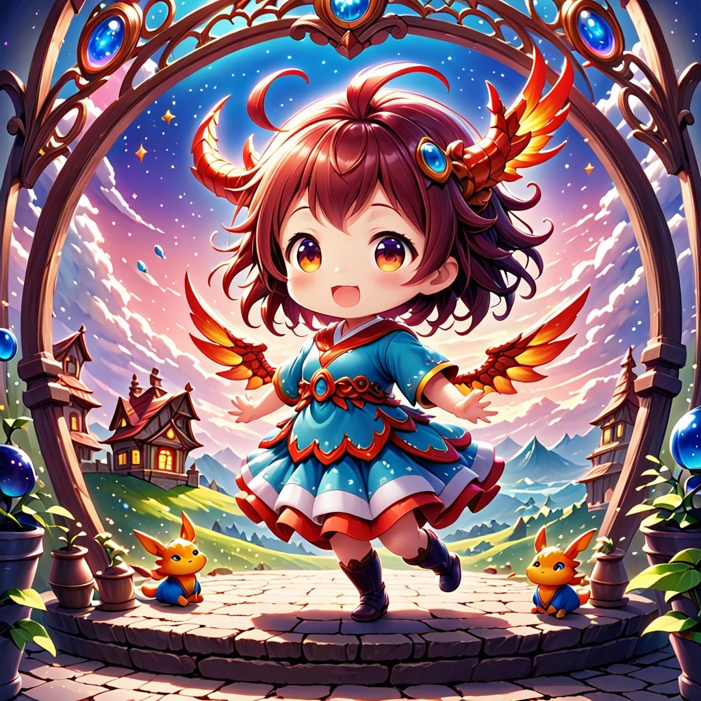 Generate a charming anime illustration of Dragonute's adorable chibi character in a whimsical setting. Capture the character's endearing essence with vibrant colors and lively expressions. Place them in a fantastical world filled with magical creatures, showcasing their playful personality. Highlight Dragonute's unique features, like distinctive scales or wings, and ensure the composition radiates joy. The scene could include elements like fluffy clouds, sparkling stars, or a colorful landscape. Infuse the image with a sense of wonder and innocence, creating an enchanting visual narrative that fans of all ages will find captivating.