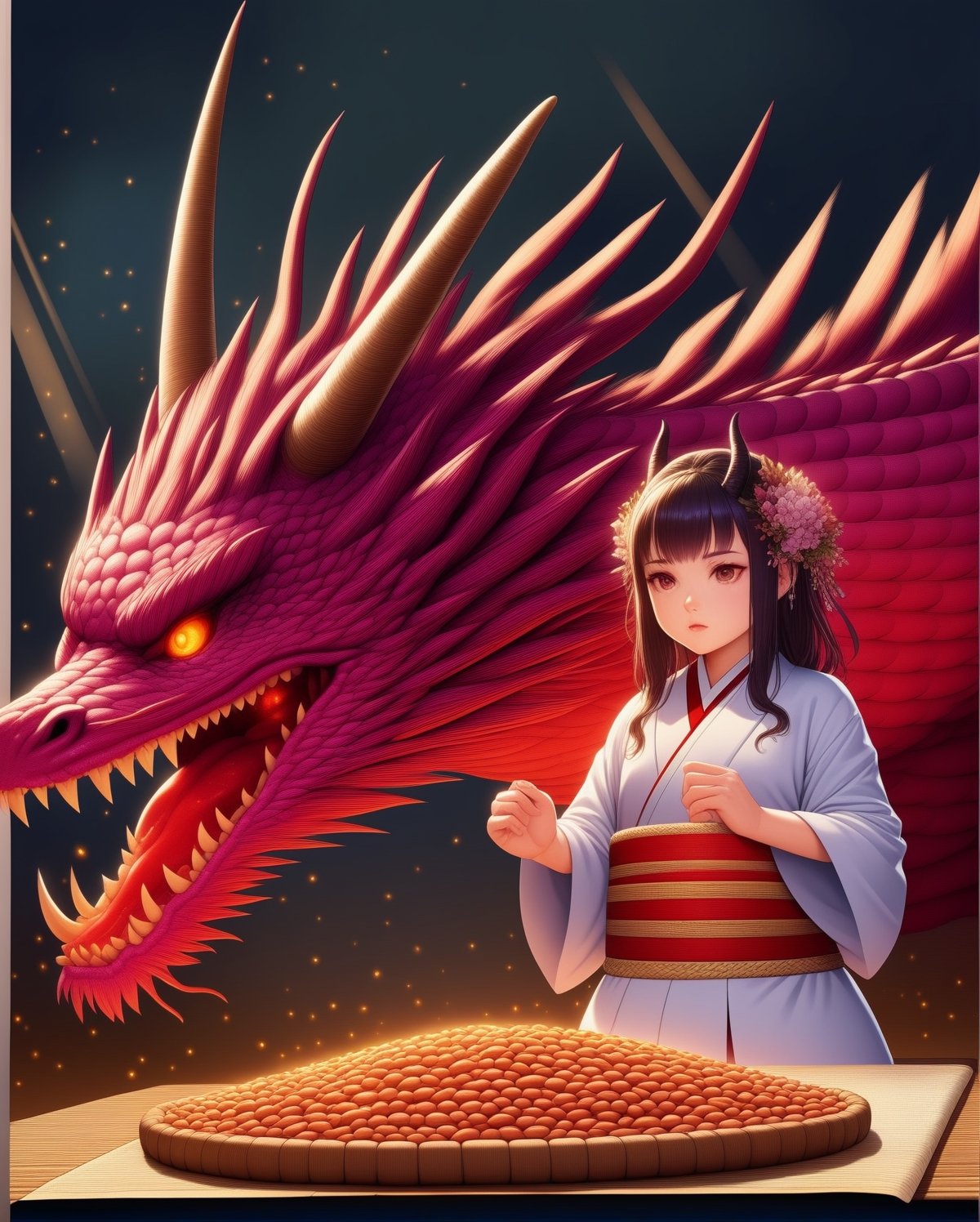 1girl, solo, ONIYOME, dragon, swtubun, wearing a Japanse kimono dress, beans, anime style illustration, realistic, high res, best quality, 8k, masterpiece, paper lantan, night, night sky, lantan, horns, dragon horns, basket, ,<lora:659095807385103906:1.0>