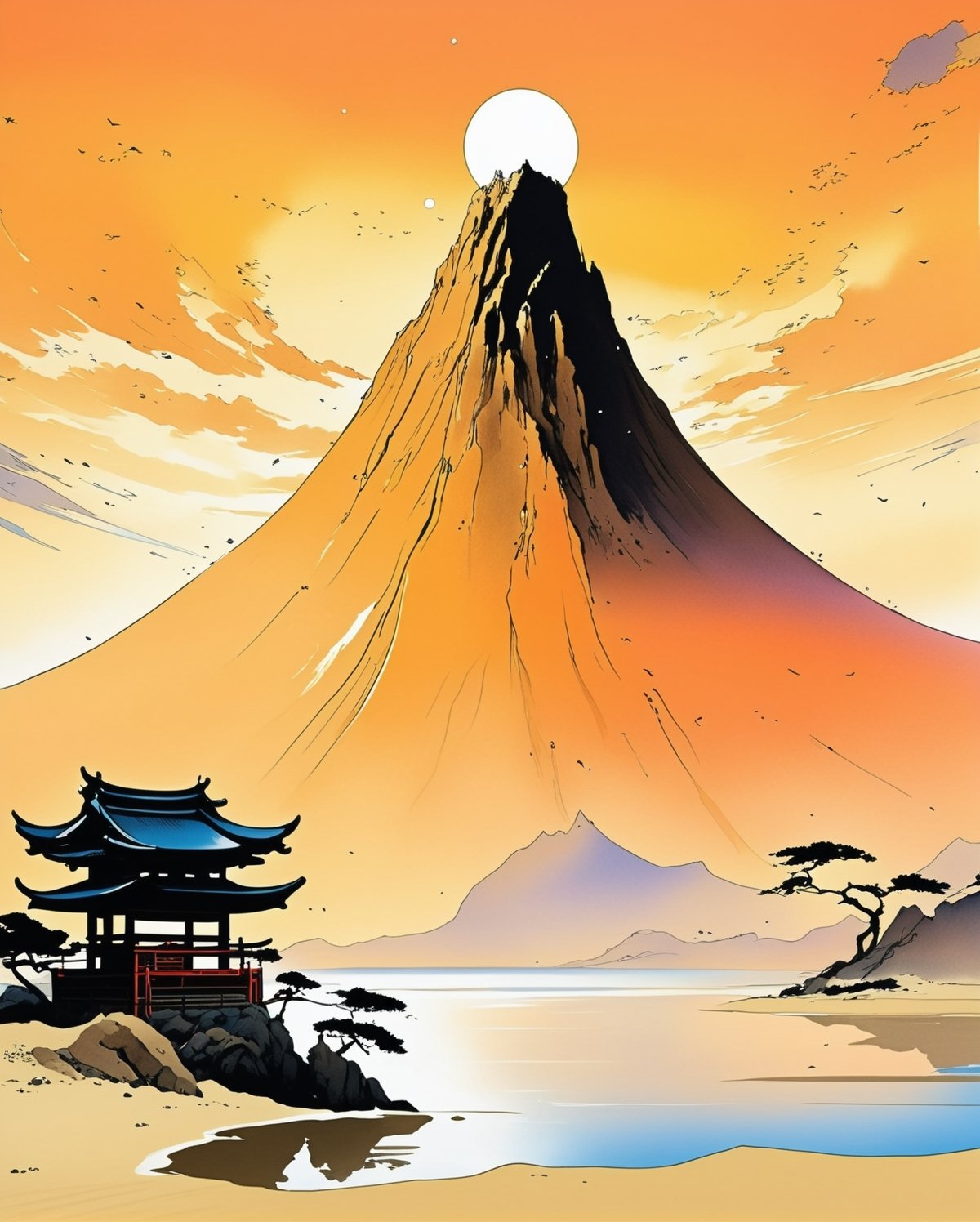 Imagine a spellbinding and hyper-realistic illustration that harmoniously merges the sweeping, desert landscapes of the world of Dune with the mythical creatures of ancient Japan. Picture a vast, sandy expanse reminiscent of the iconic planet, dotted with colossal sand dunes and craggy rock formations. Rising majestically from the arid terrain are ethereal and ancient Japanese mythological creatures—perhaps a Kirin or a Tengu—endowed with intricate details that seamlessly integrate with the harsh beauty of the desert environment. The soft hues of the sunset casting long shadows on the mythical beings create a mesmerizing interplay of light and shadow. This illustration, blending the futuristic allure of Dune with the mystical charm of ancient Japanese folklore, promises to transport viewers to a realm where science fiction and ancient myth converge in an awe-inspiring visual symphony.,japanese art