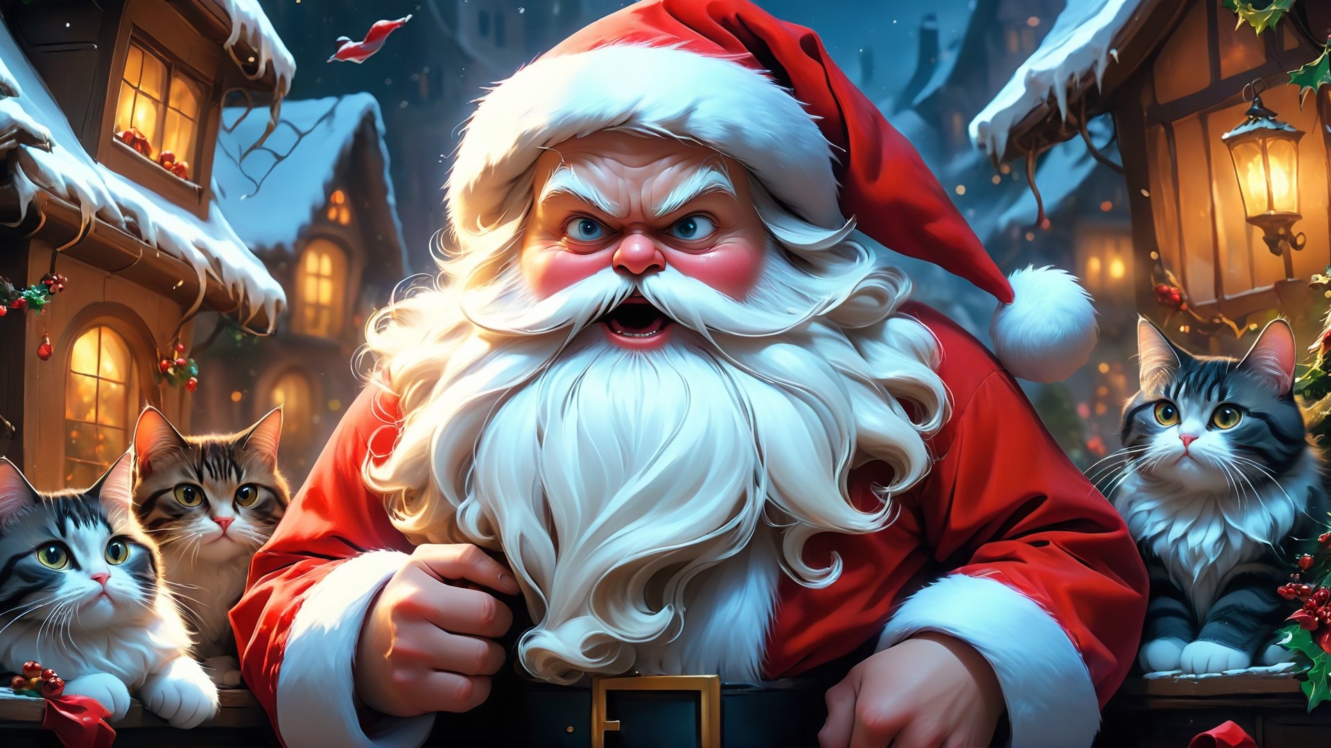 (Scared Santa theme:1.3),(Santa:1.5, solo),
(scaring santa:1.3),(cute cats gorup:1.3), (fantasy:1.5), (amazing:1.5 ), (fantastic:1.5), (insanely beautiful scenic:1.5), (stylish oil painting and digital paiting: 1.5 ), (digital anime illustration :1.5), (ultradetailed:1.5),(hyper sharp:1.3),(best quality:1.3),(masterpiece:1.3),   