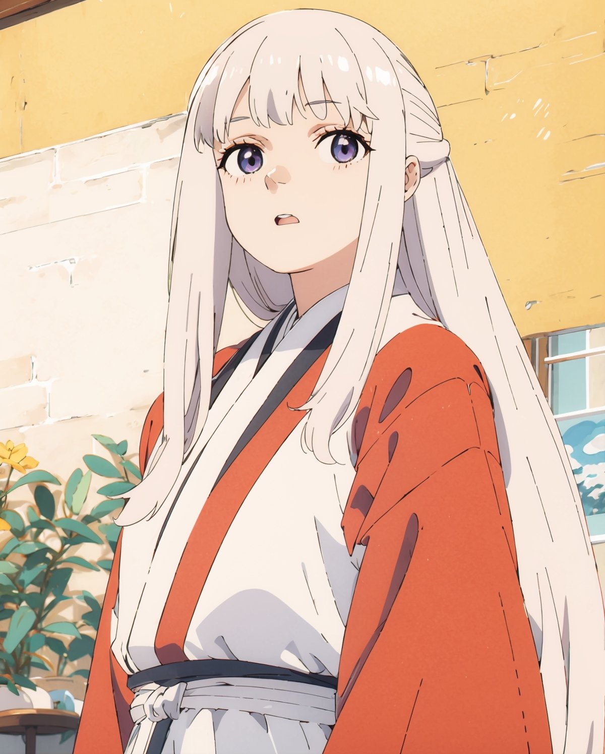 masterpiece, absurdres, best quality, high resolution, Color Booster, pastel color, niji,1girl, stunnning beautiful girl. 22yo, black straight long hair, taisyo roman, hakama, 2D,flat color,illustration,anime,fern